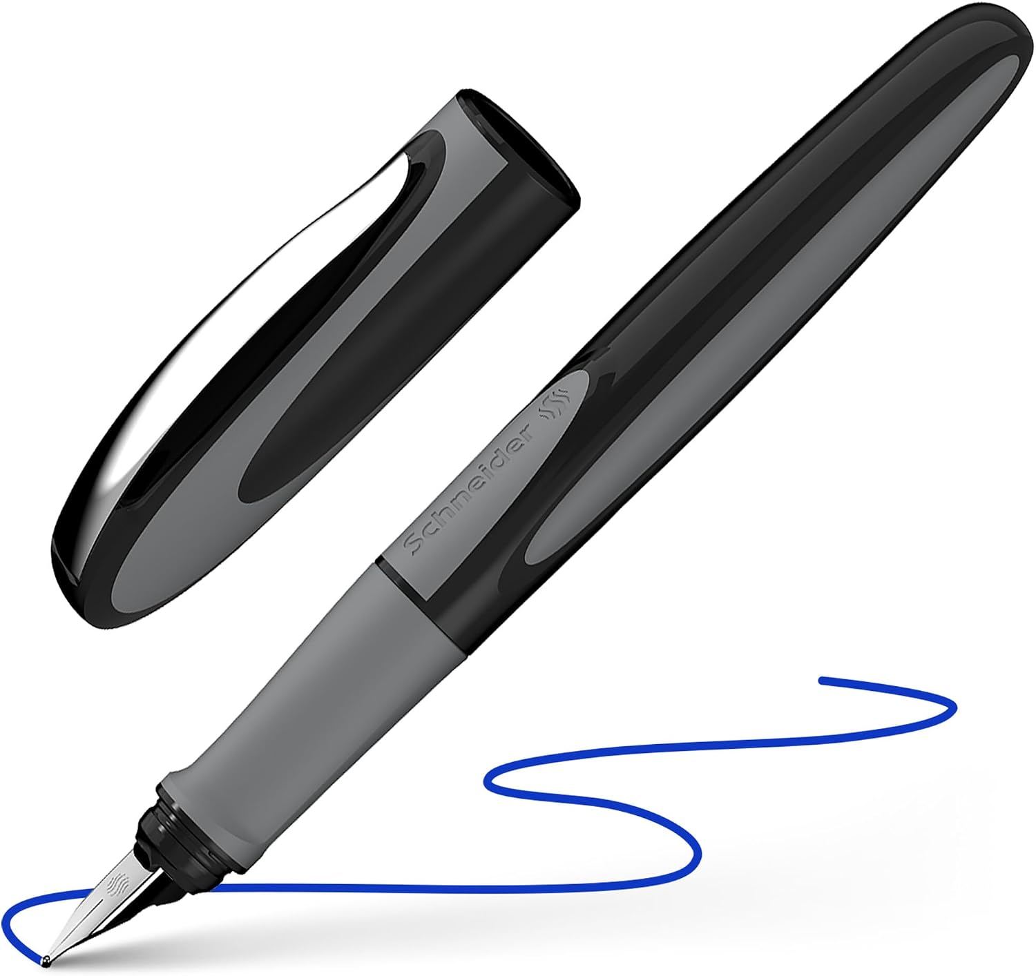 Schneider Ray Fountain Pen M (Medium), Refillable, Onyx Barrel, Royal Blue Erasable Ink Cartridge, Pack of 1 Pen (168207)