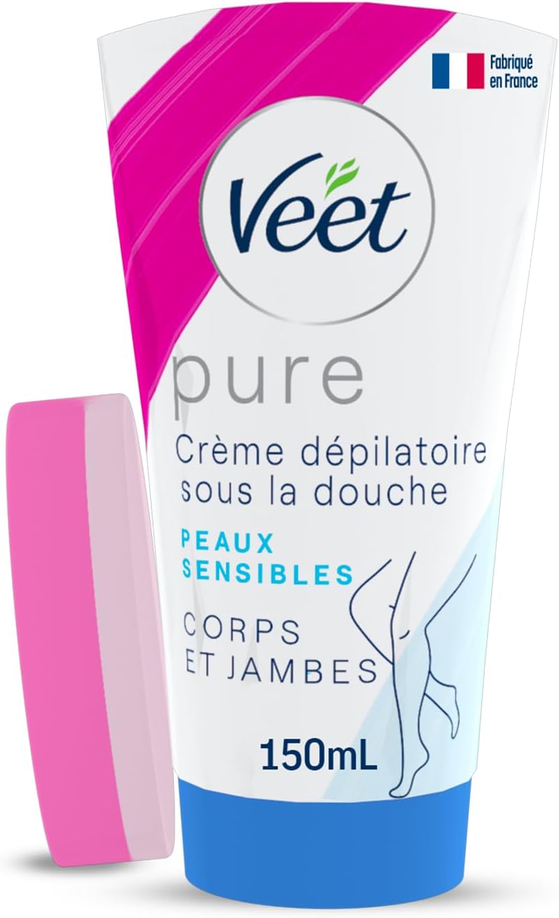 Veet Pure Hair Removal, in Shower Cream, Body & Legs, Normal Skin, 150ml Each, 1 Sponge, Long Lasting Smoothness, Hydrates & Exfoliates Skin, Least Number of Ingredients (Packaging May Vary)