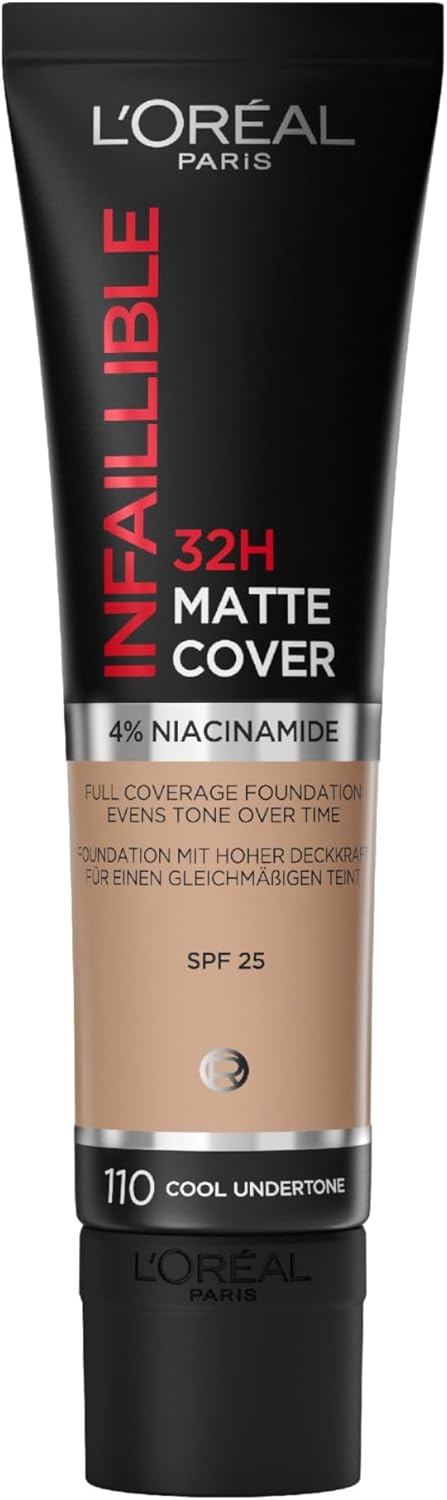 L'Oreal Paris Cover Liquid Foundation, With 4% Niacinamide, Long Lasting, Natural Finish, Available in 20 Shades, SPF 25, Infallible 32H Matte Cover, Shade 110, 30ml