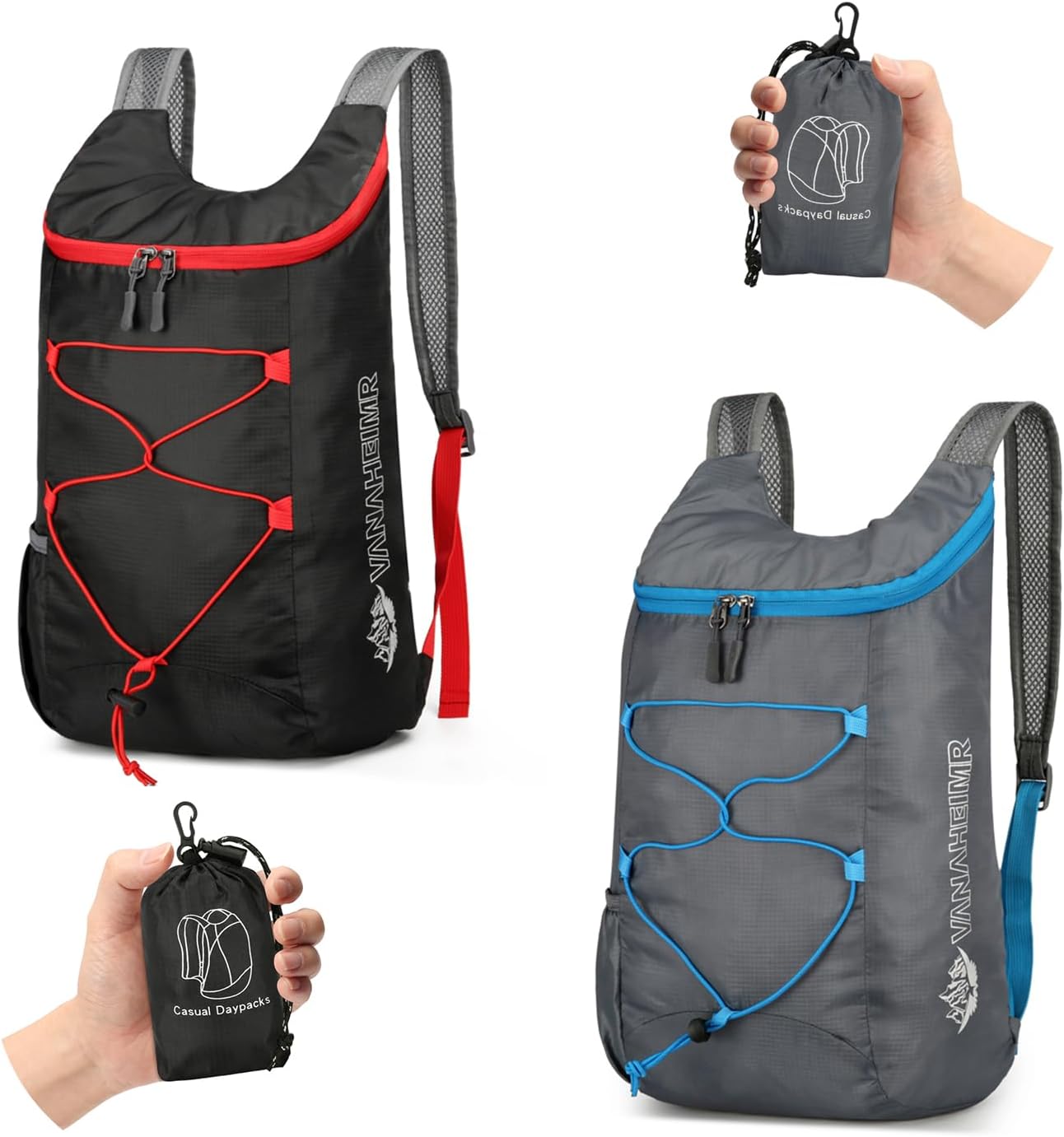 Sahunfri 2 Pcs Ultra Lightweight Backpack, Foldable Backpack Water Resistant Travel Rucksack, Multi-Functional Foldable Backpacks Womens Men For Camping, Hiking, Biking