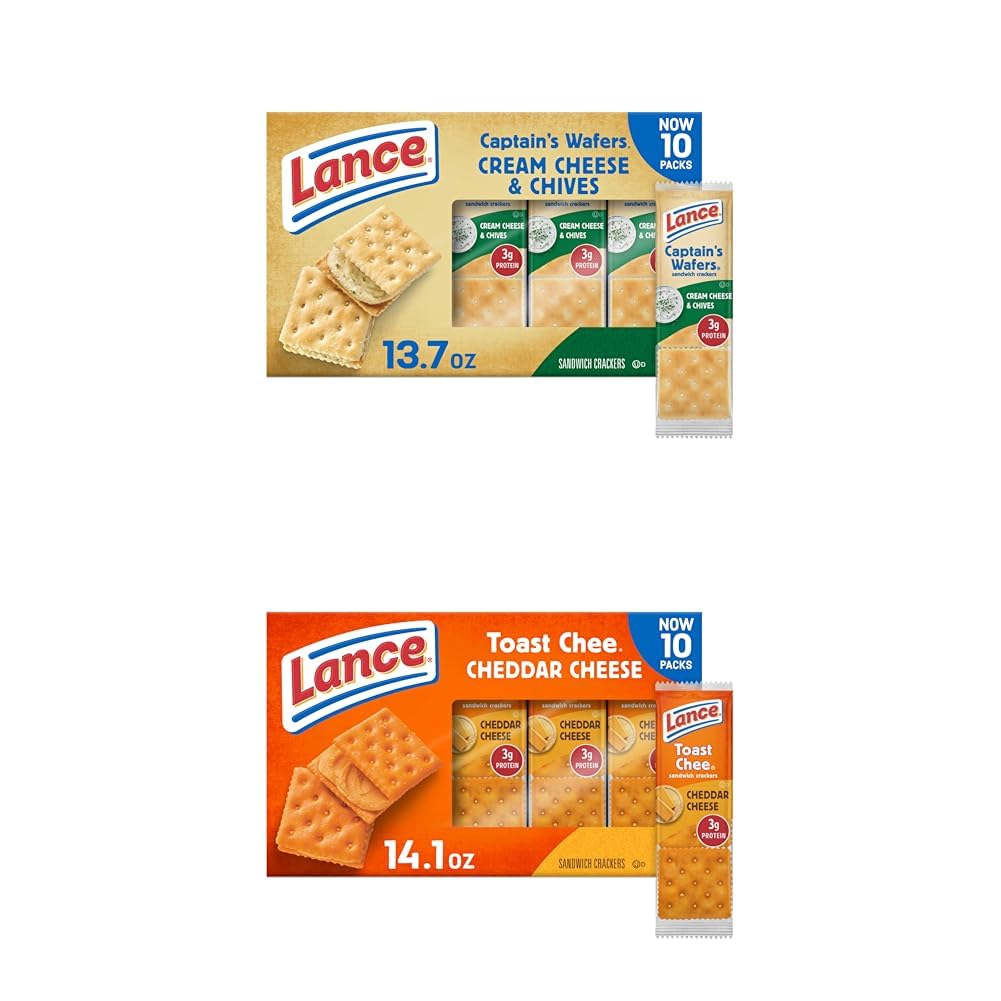 Lance Sandwich Crackers, Captain's Wafers Cream Cheese and Chives, 10 Packs, 6 Sandwiches Each and Lance Sandwich Crackers, ToastChee Cheddar, 10 Individually Wrapped Packs, 6 Sandwiches Each