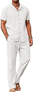 COOFANDY Men 2 Piece Linen Outfit Beach Button Down Shirt Casual Loose Pant Sets