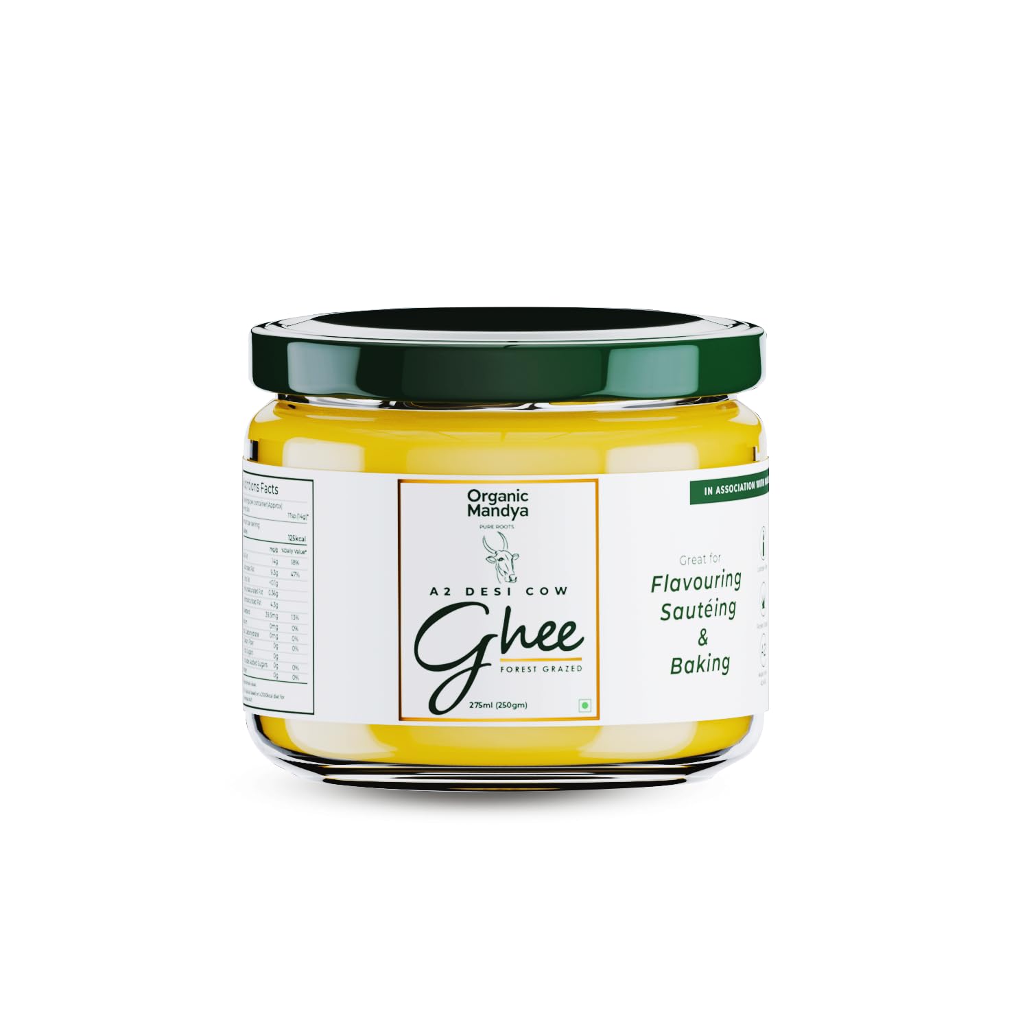Organic Mandya Premium A2 Desi Ghee 275 ml Pure, Natural & Healthy Forest Grazed, Stress Free Cattle Ethically Sourced Glass Jar (9.3 OZ)