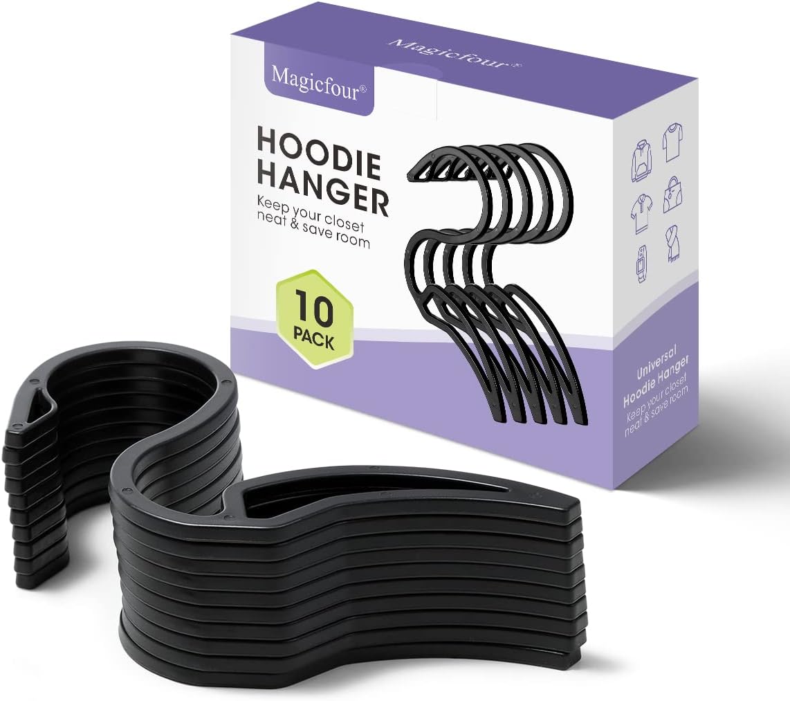 Magicfour Hoodie Hangers, 10 Pack Hoodie Organizer S Shaped Plastic Hooks Rack Designed for Hoodie Coat, Closet Hanger for Hanging Hoodie, Sweatshirt, Jeans, Jacket, Hat, Pans and Bags, Drying Rack