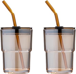 2 Pack 13oz/400ml Tumbler Water Glass, Glass Coffee Cups with Lids and Straws, Iced Tea Cups Insulated Glass Cup(2pack Amber)