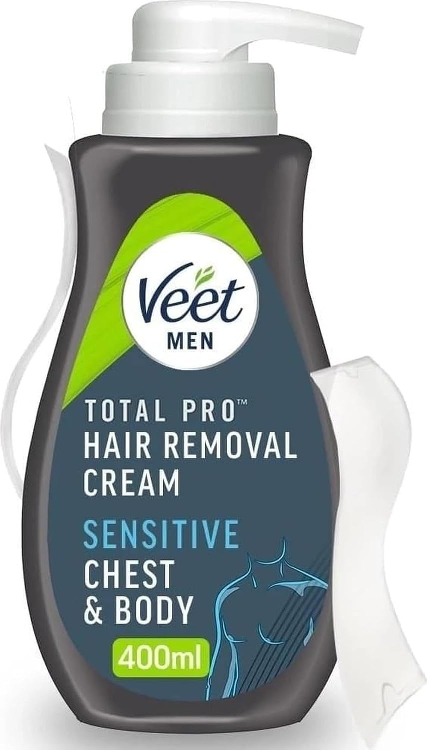 Veet Men Hair Removal Cream, 400ml, Chest & Body, Sensitive Skin, Spatula | 7 days of smoothness, 24hr hydration, no nicks or cuts, quick & easy, Hair grow back softer, Chest, arms, legs, back