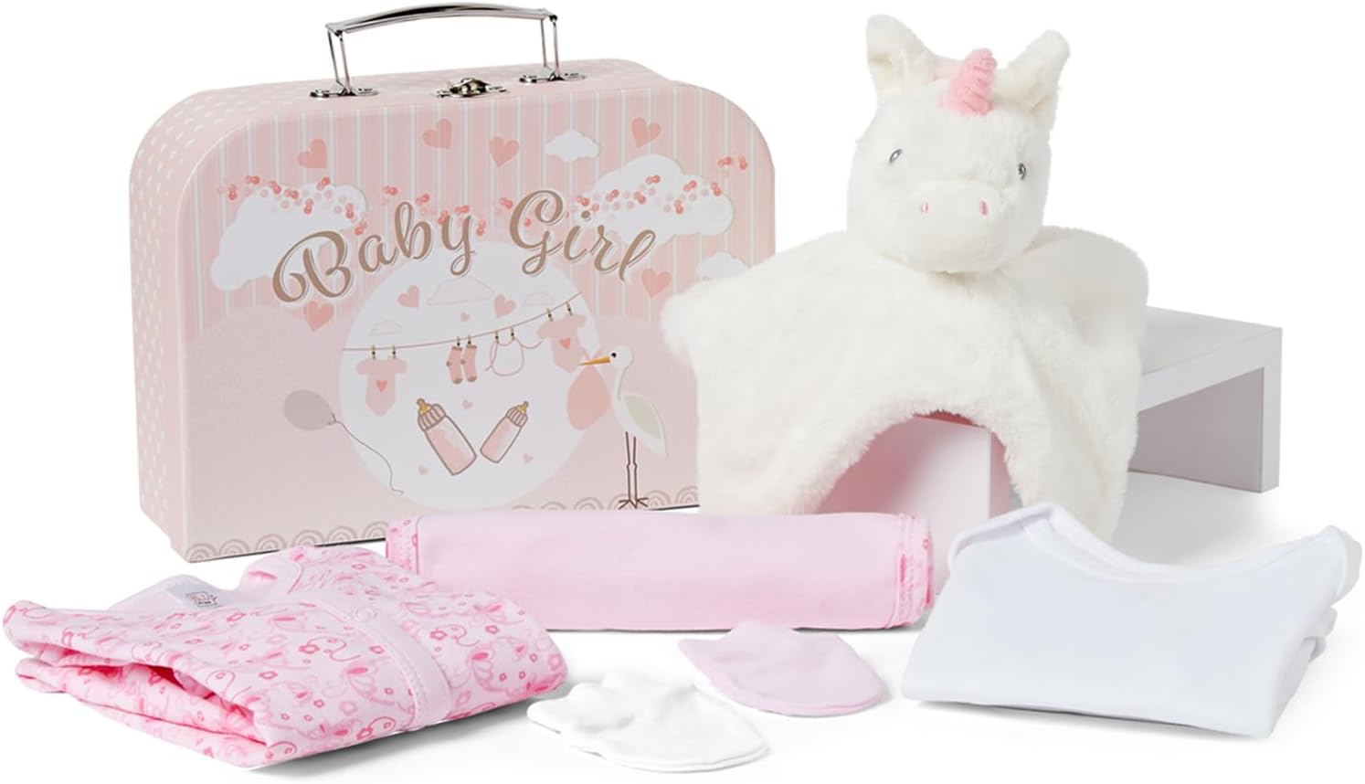Baby Box Shop - 7 Newborn Baby Girl Gifts Ideal for Christening, Birthdays & Baby Shower Gifts - Includes Baby Essentials for Newborn Girl with Baby Comforter in Cute Keepsake Case, Baby Girl Hamper