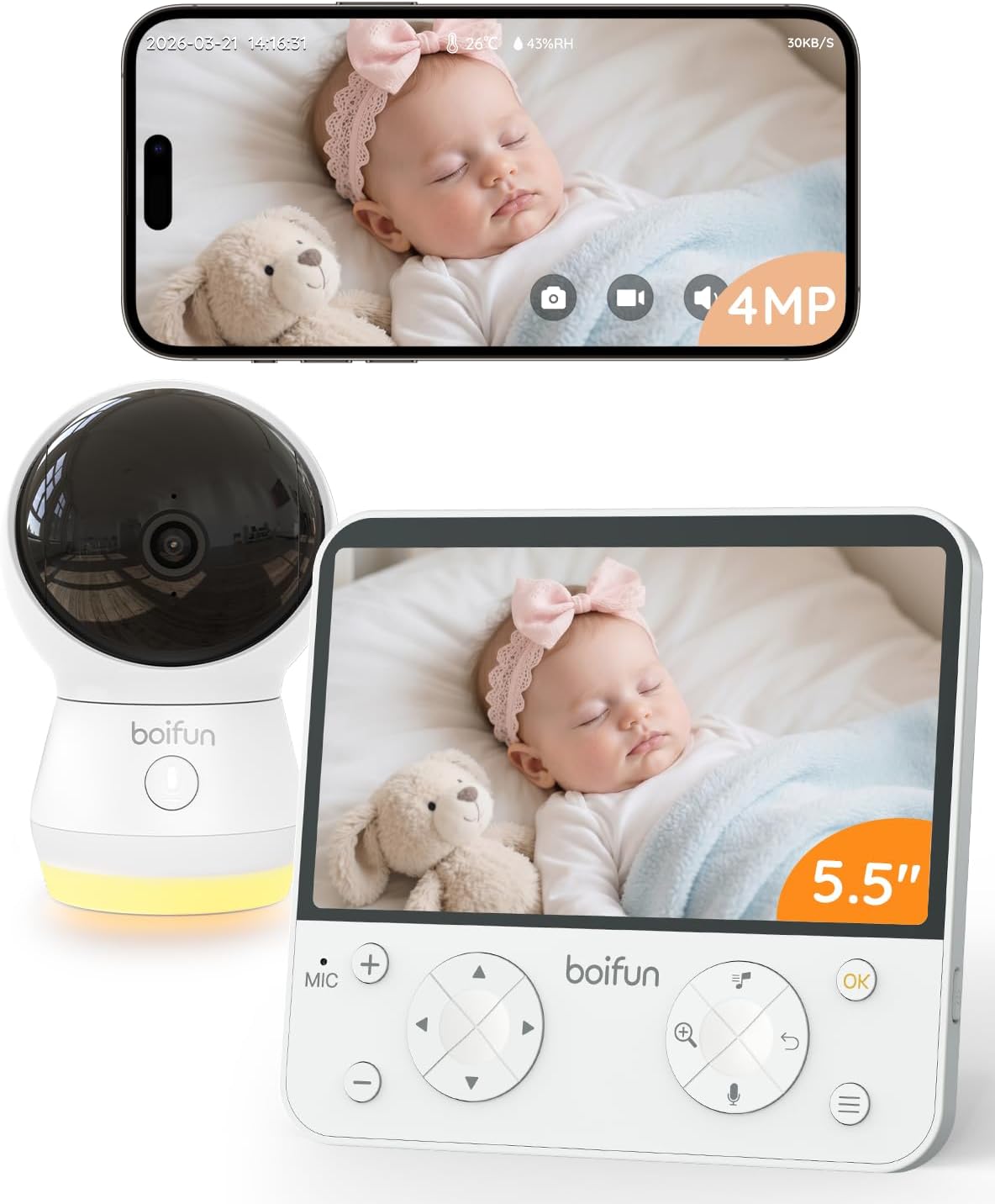 BOIFUN AI Baby Monitor with Camera and Audio, Safety Alerts (Tummy Sleeping & Face Area), WiFi Smartphone APP Control, Colorful Night Light, 2K HD Night Vision, Motion & Cry Detection, Two-Way Talk