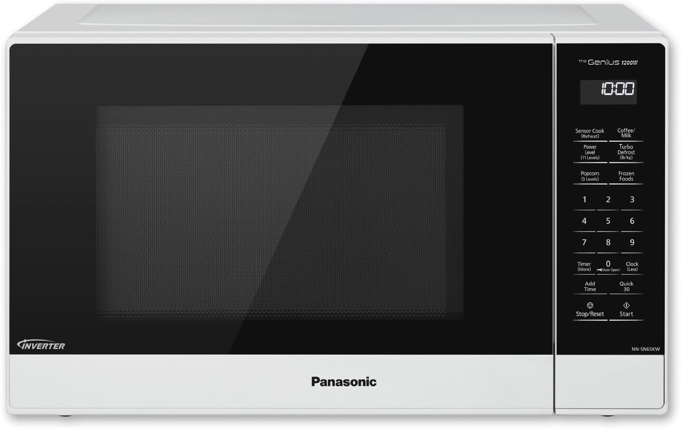 Panasonic NN-SN65KW Microwave Oven with Inverter Technology, 1200W, 1.2 cu.ft. Small Genius Sensor One-Touch Cooking, Popcorn Button, Turbo Defrost-NN-SN65KW-(White)
