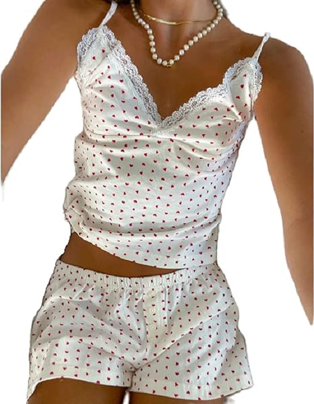 Women Sexy 2 Piece Pajama Set Cute Pj Sets Floral Print Lace Trim Cami Tank Top Shorts Teen Girls Sleepwear
