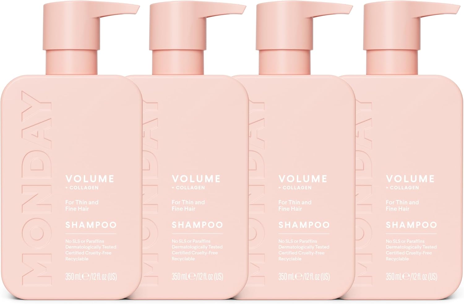 MONDAY Haircare 4 x 350 ml VOLUME Shampoo with Hydrolysed Collagen & Macadamia Oil for Thin, Fine & Flat Hair