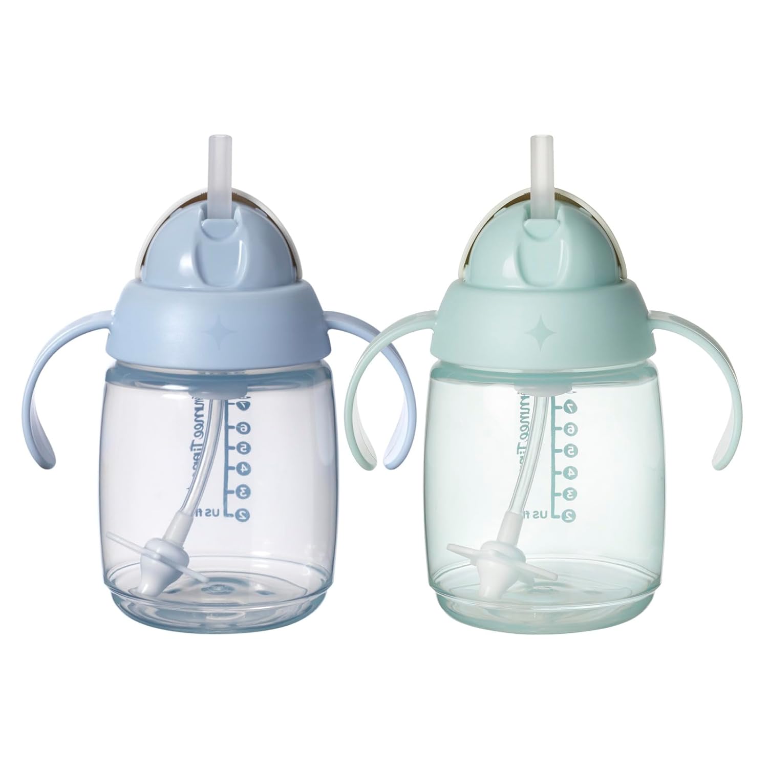 Tommee Tippee Starter Straw Cup, Easy Transition Toddler Cup For 6 Months+, 10oz, with Silicone Weighted Straw and Easy-Hold Handles, Pack of 2, Blue and Green
