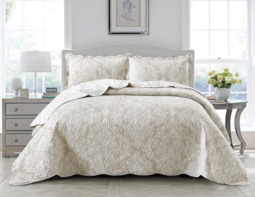 BSL 3 Piece Quilted Bedspread Throw Bedding Set Luxury Bed Throw Comforter and 2 Pillow Shams Floral and Damask Printed Design Machine Washable (Damask Beige, Double)