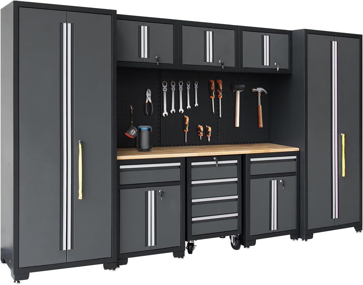 Garage Storage Cabinet System 9-Pcs Workshop Set, Black | Garage Cabinets and Storage System w/ Steel Cabinet Drawers, Rolling Chest, Workbench, Pegboard for Garage Tool Organization