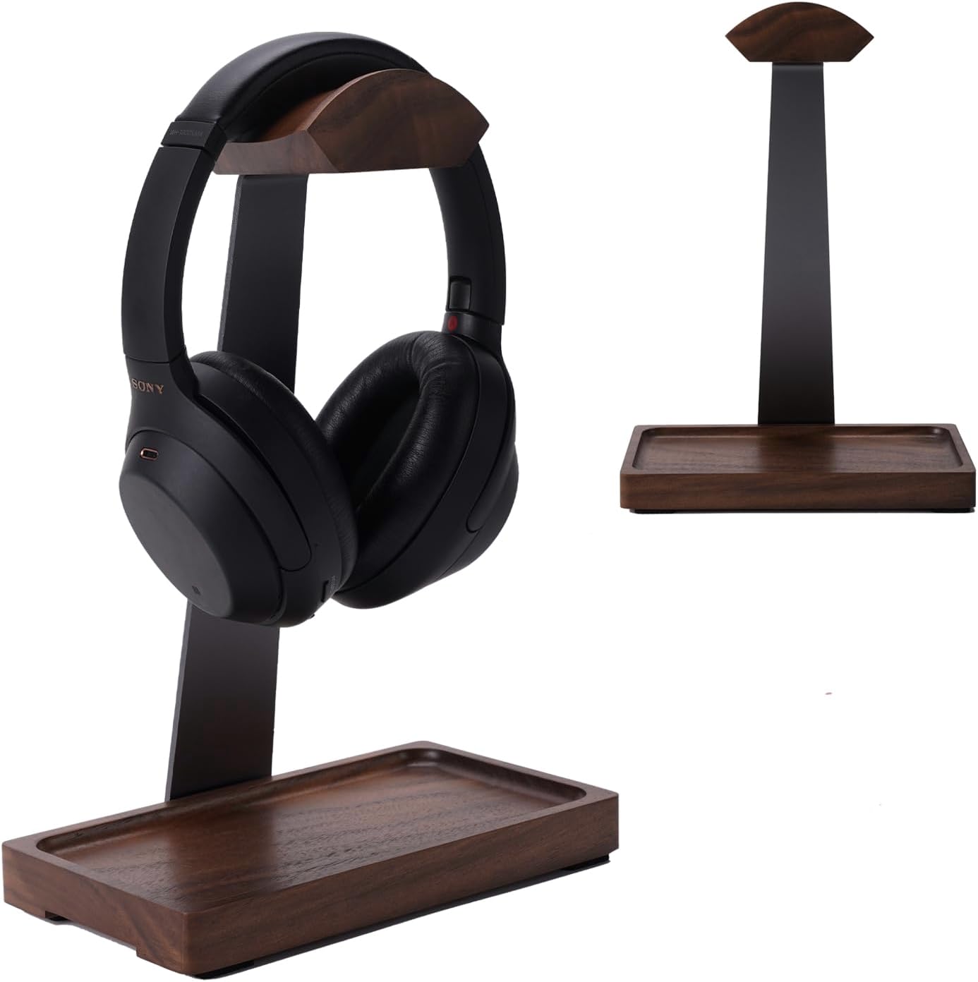 Walnut Headphone Stand, Wood Headset Stand for Desk, Gaming Headphone Holder with Storage Base Compatible with Airpod max, Bose, Razer, Sennheiser, Jabra, JBL, AKG, Vintage Gift for Men