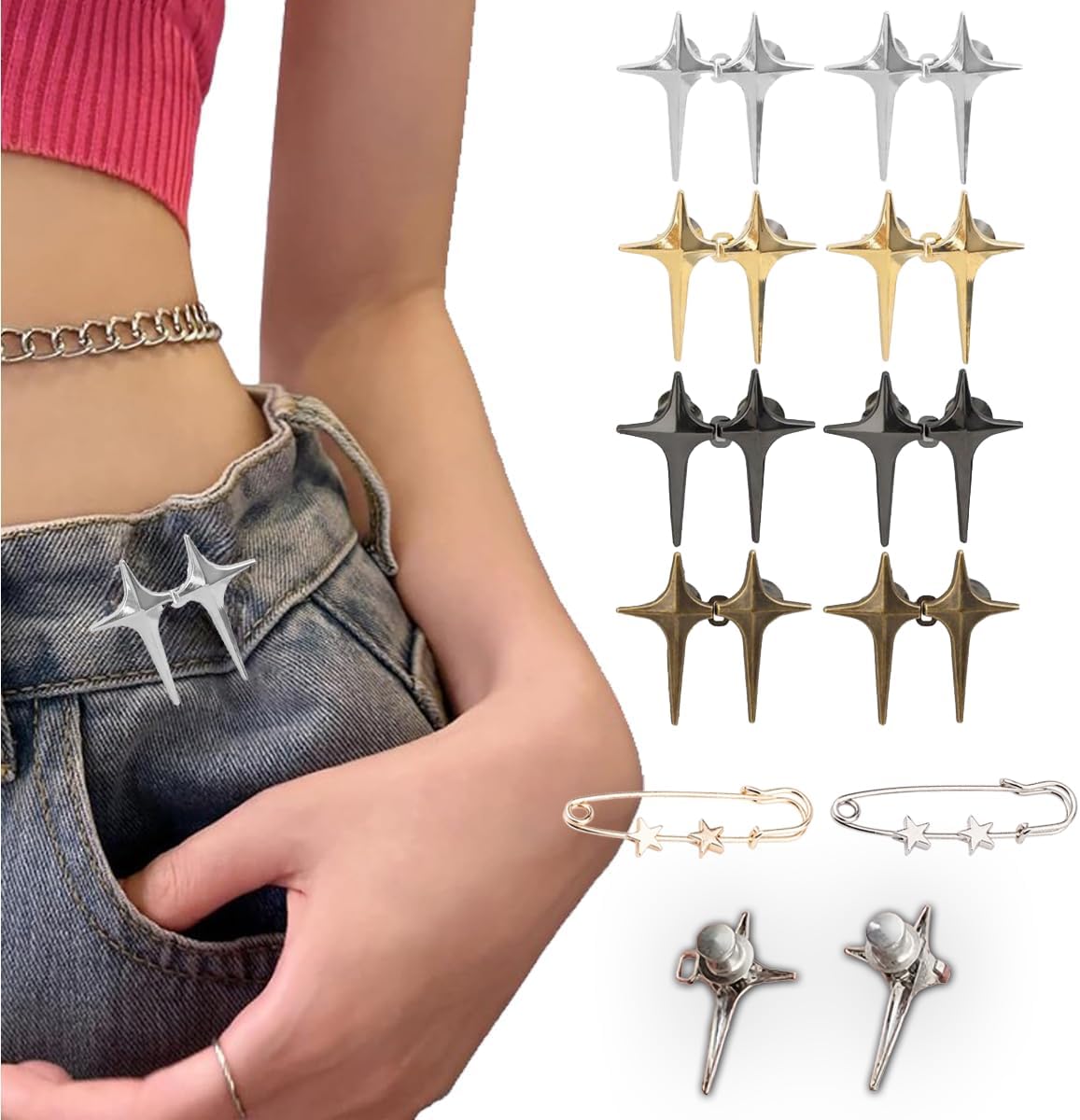Jeans Button, 8 Sets Adjustable Star Jeans Button, Detachable Decorative Waist Buckles, Perfect Fit Tighten Waist Adjustment Instant Button Pins for Pants PinStar (No Sew)