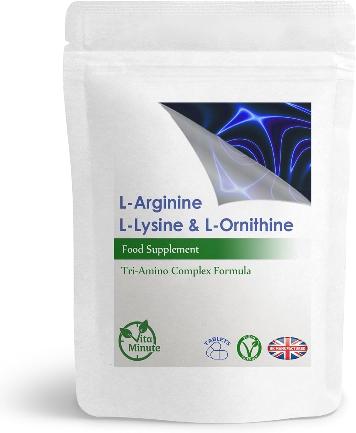 100 x L-Lysine L-Arginine L-Ornithine, Tri-Amino Complex 1400mg Tablets, Lean Muscle Recovery (Vegan)