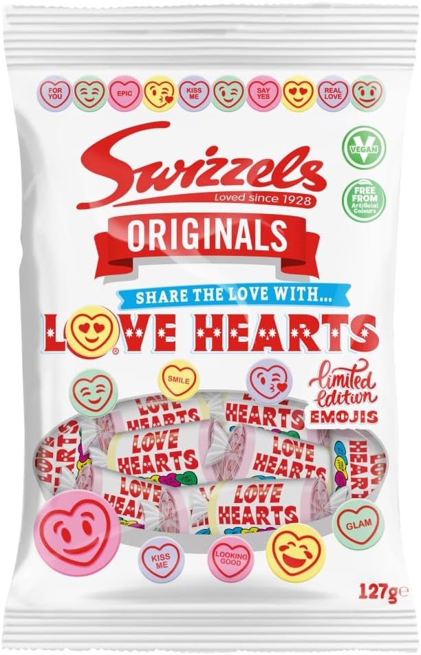 Swizzels Original Love Heart Sweets - A Delicious, Fruity, Fizzy Selection of Classic Candy Conversation Hearts, Vegan-Friendly Sweets, 127g Bag