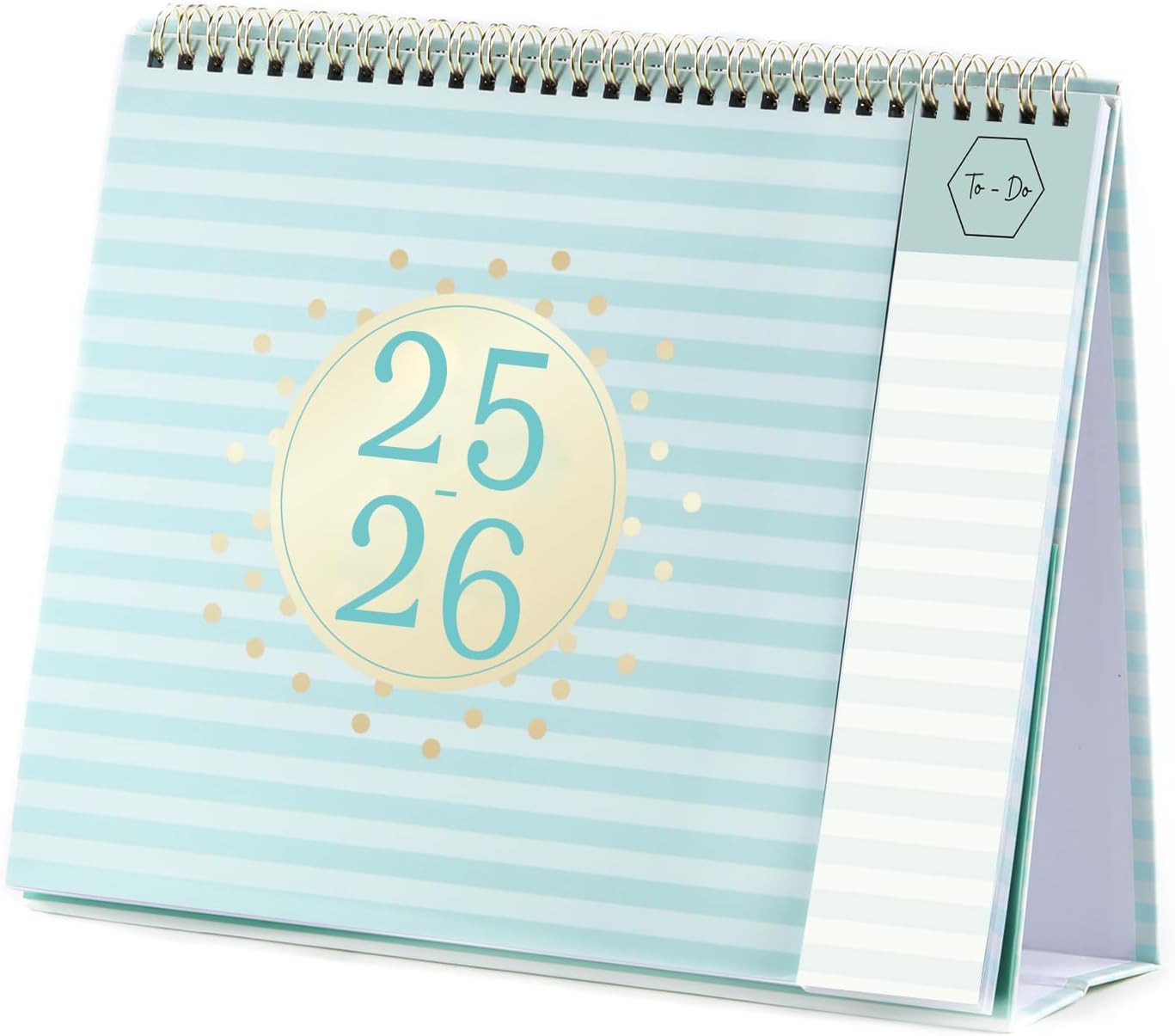 Desk Calendar 2025-2026 - Desktop Calendar 2025-2026 from July 2025 to December 2026, Running weekly memo page, 25.3 x 20.5 x 7.8 cm, Home study office blue stripes.