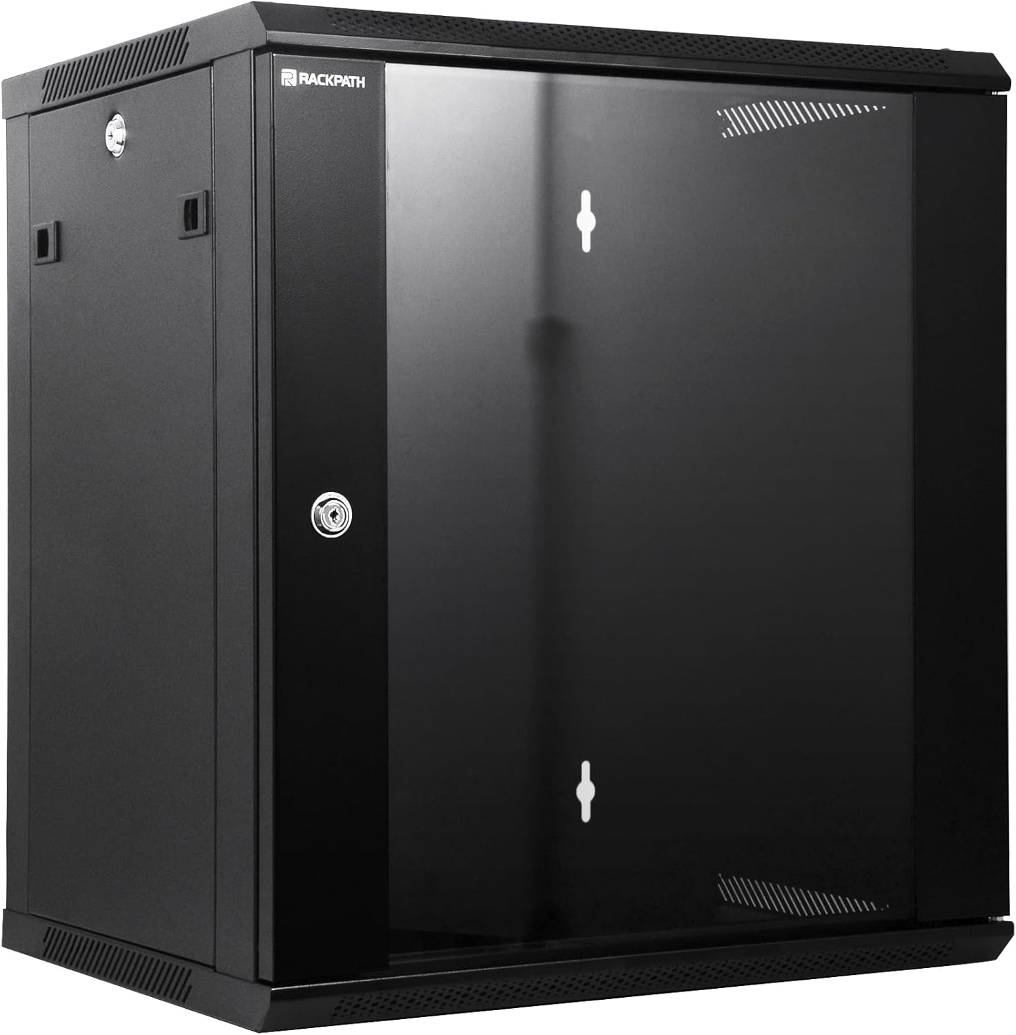 RackPath 12U Wall Mount Network Rack Cabinet – Quiet Cooling Fan, Locking Glass Door, 17.7" Deep (450mm), Removable Locking Side Panels, Fits 19" IT & A/V Equipment