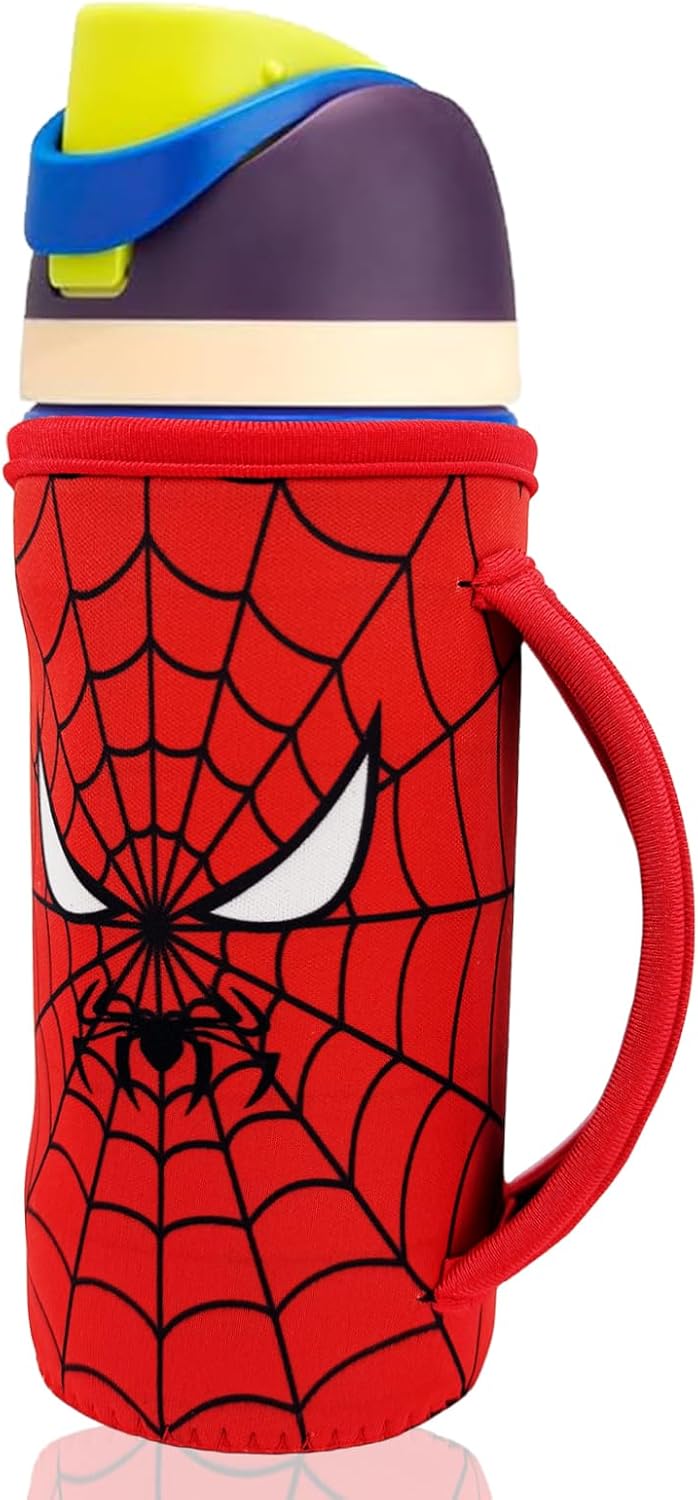 16 oz Cute Printed Sleeve Compatible for Owala Kids FreeSip Neoprene Water Bottle Compatible with Owala 16 Ounces Protective Cover With Handle Designed for Boys Girls Travel School（Spider）