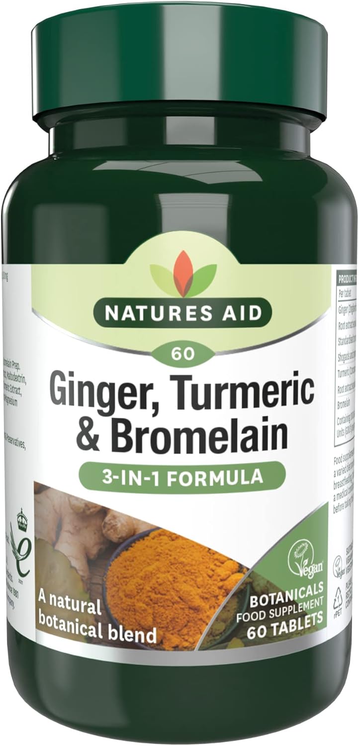 Natures Aid Ginger Turmeric & Bromelain 60 Tablets – High Strength Vegan Supplement to Support Digestion & Joint Health – Non-GMO, Gluten-Free, Natural Botanical Blend