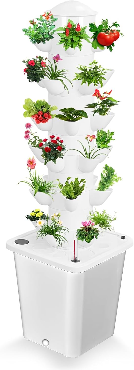 30 Holes Hydroponic Growing System Kit, Hydroponic Garden Tower with Pump System, 6 Layers Indoor Vertical Hydroponic Garden Tower for Herbs, Fruits and Vegetables (White)