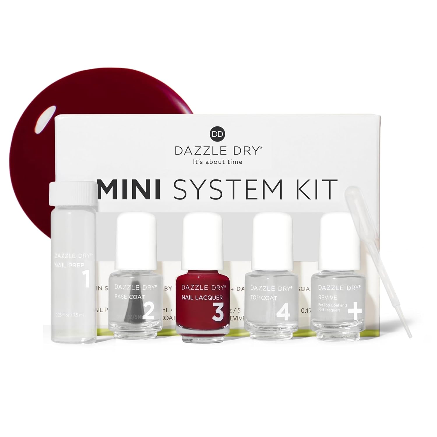Dazzle Dry Mini Kit 4 Step System - Fast Track Cherry, a classic cherry red with blue undertones. Full coverage cream. (5 Piece Kit / 5 Manicures)