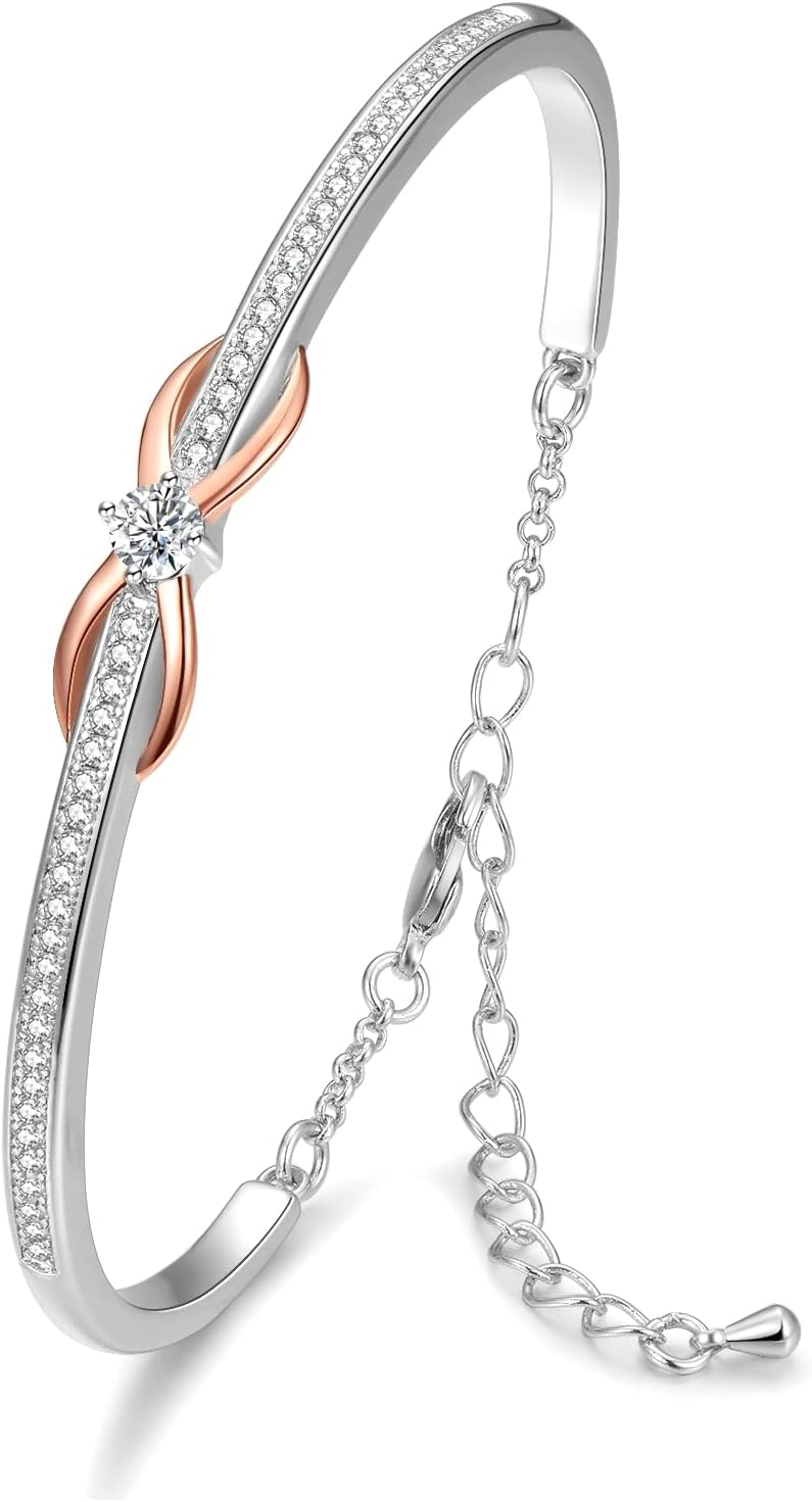 Praelinos Infinity Bracelets for Womens 18K White Rose Gold Plated 5A Cubic Zirconia Bangles Jewellery Gifts for Women Mum Wife Girlfriend sister Valentine's Day Mother's Day Birthday Anniversary