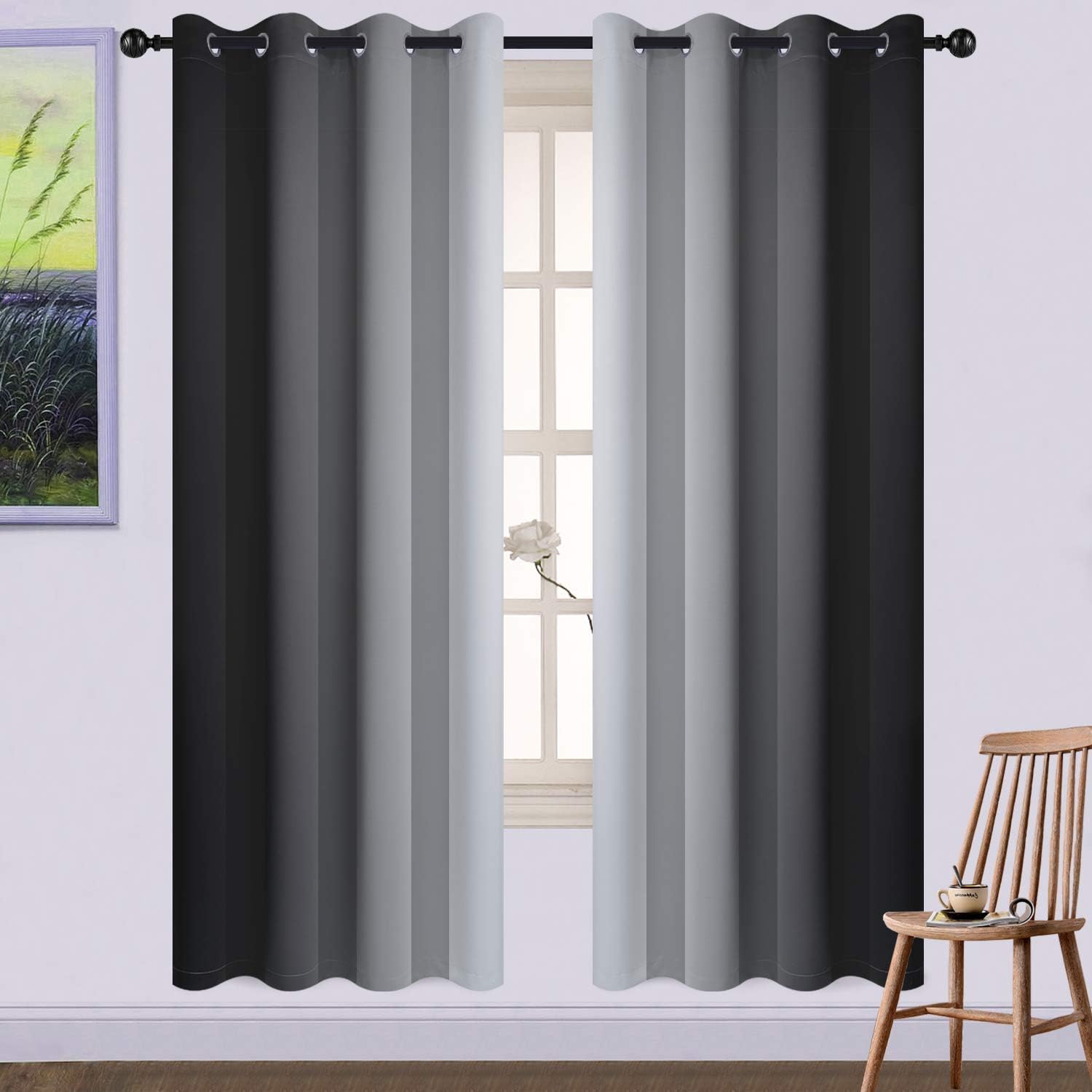 Yakamok 72 Inch Length Black and Greyish White Ombre Curtains, Light Blocking Gradient Color Curtains, Room Darkening Thermal Insulated Grommet Window Drapes for Bedroom (52x72 Inch, 2 Panels)