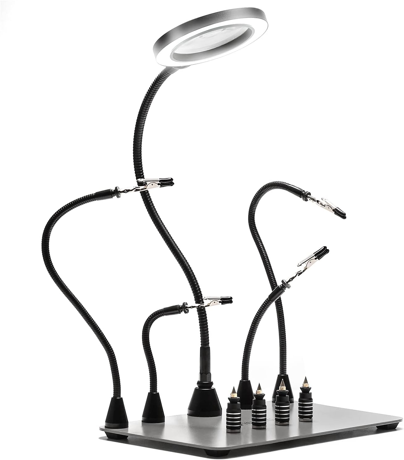 SainSmart Magnetic Helping Hands Soldering Station with an 11.1 x 7.1 Inch Larger Base, 5X LED Magnifying Lamp, 4 PCB Circuit Board Holder & 4 Flexible Magnetic Helping Hands