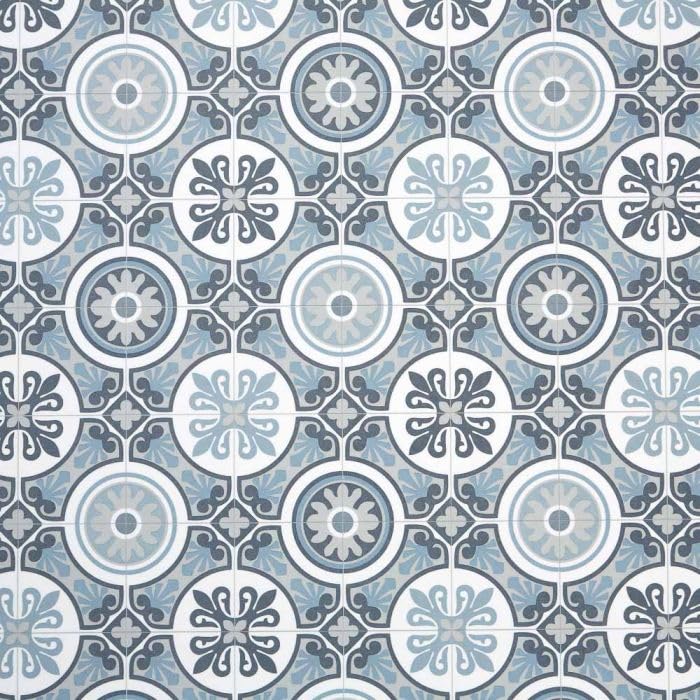 Moroccan Tile Design Cushion Vinyl Flooring Sheet White Grey & Blue Patterned Non Slip Lino Conservatory Kitchen Bathroom Floor (Tangier 09, 4m x 3m)