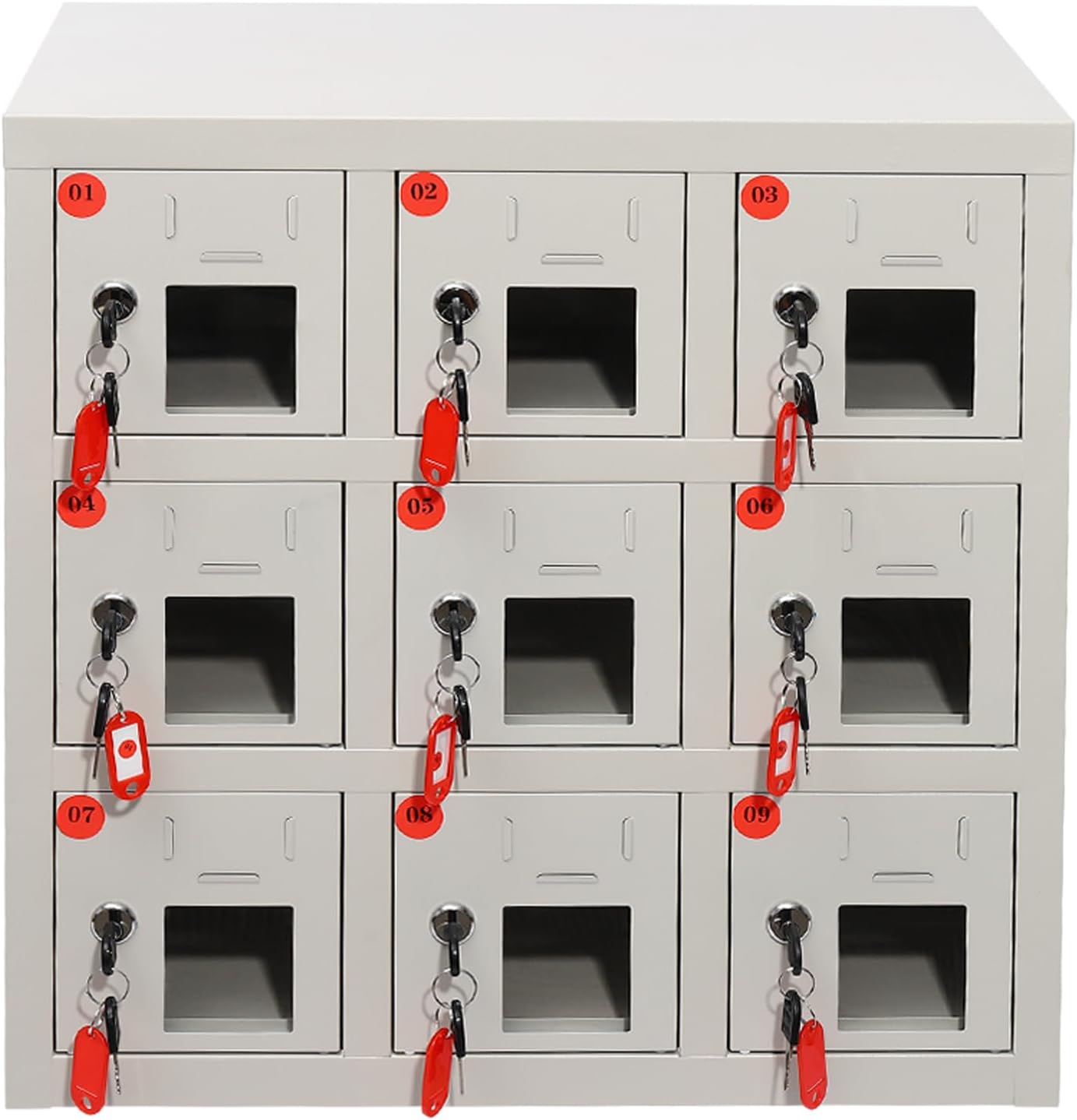 Cell Phone Locker, 9 Slots Cell Mobile Phone Steel Locker with 5-Hole Socket Charger, Key Lock and Acrylic Window, for Classroom, Conference, Office, Employees