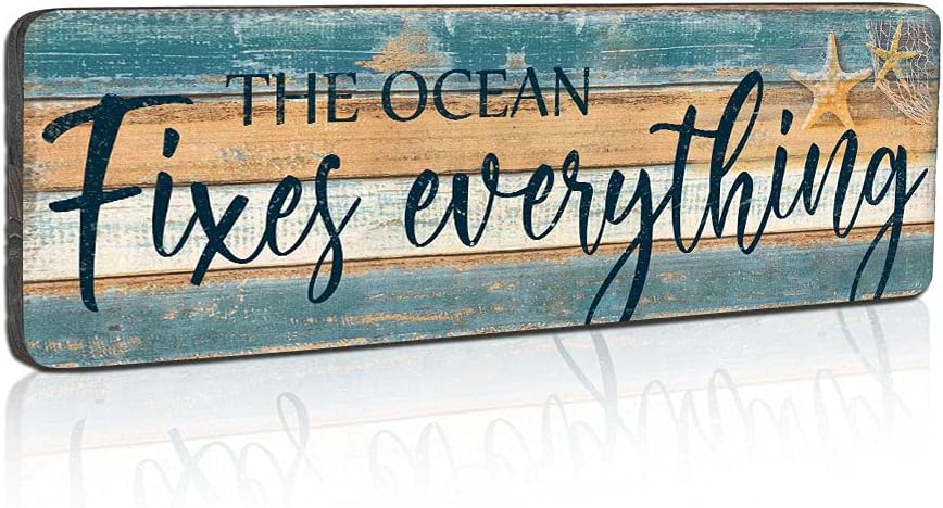 Coastal Decor Wood Plaque Sign Beach Themed Wall Decor - The Ocean Fixes Everything Decorative Nautical Hanging Wall Decor Sign 16x5 Inches