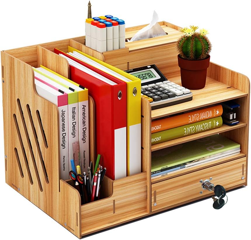 Wooden Desk Organizer, Large Capacity DIY Office Supplies Storage Holder File Rack Paper Document Magazine Holder Sorter with Drawer, Pen Holder Box (Cherry Wood)