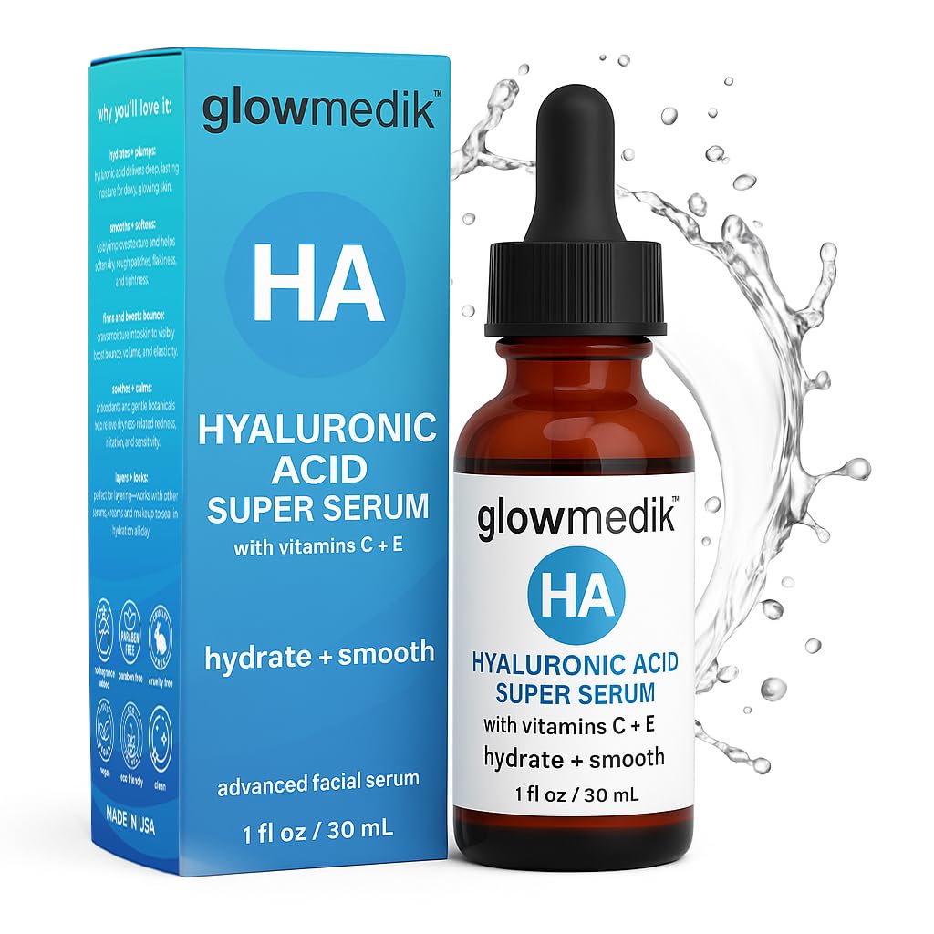 Glowmedik Hyaluronic Acid Serum for Face with Vitamin C & E - Hydrating Face Serum for Dry Skin, Fine Lines & Wrinkles - Vegan Facial Moisturizer for Women, 1 fl oz 30ml