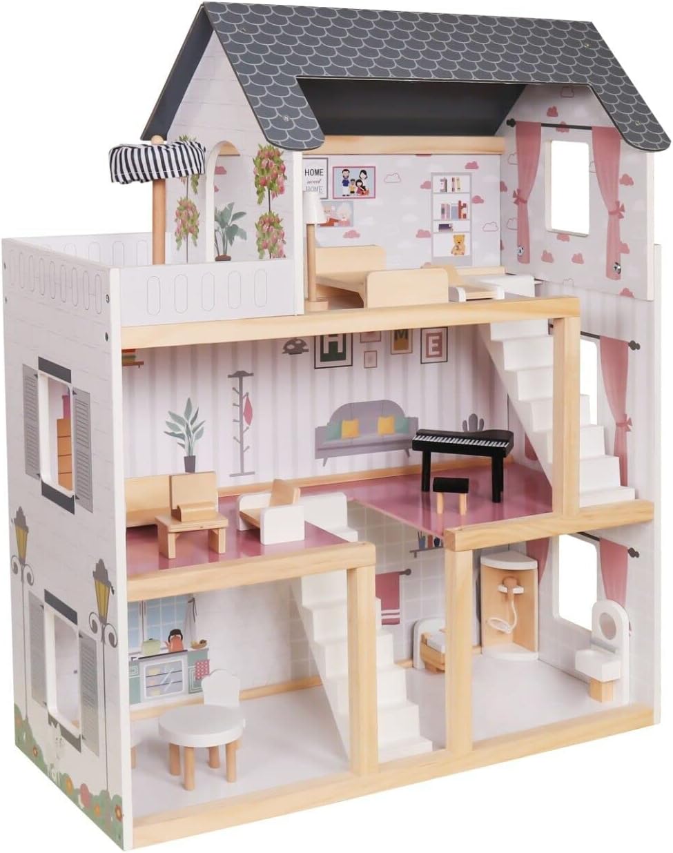 Wooden Play Doll House With Accessories & Furniture Role Play Doll House 4 Designs Christmas, Birthday Girls Gift (Design 3)