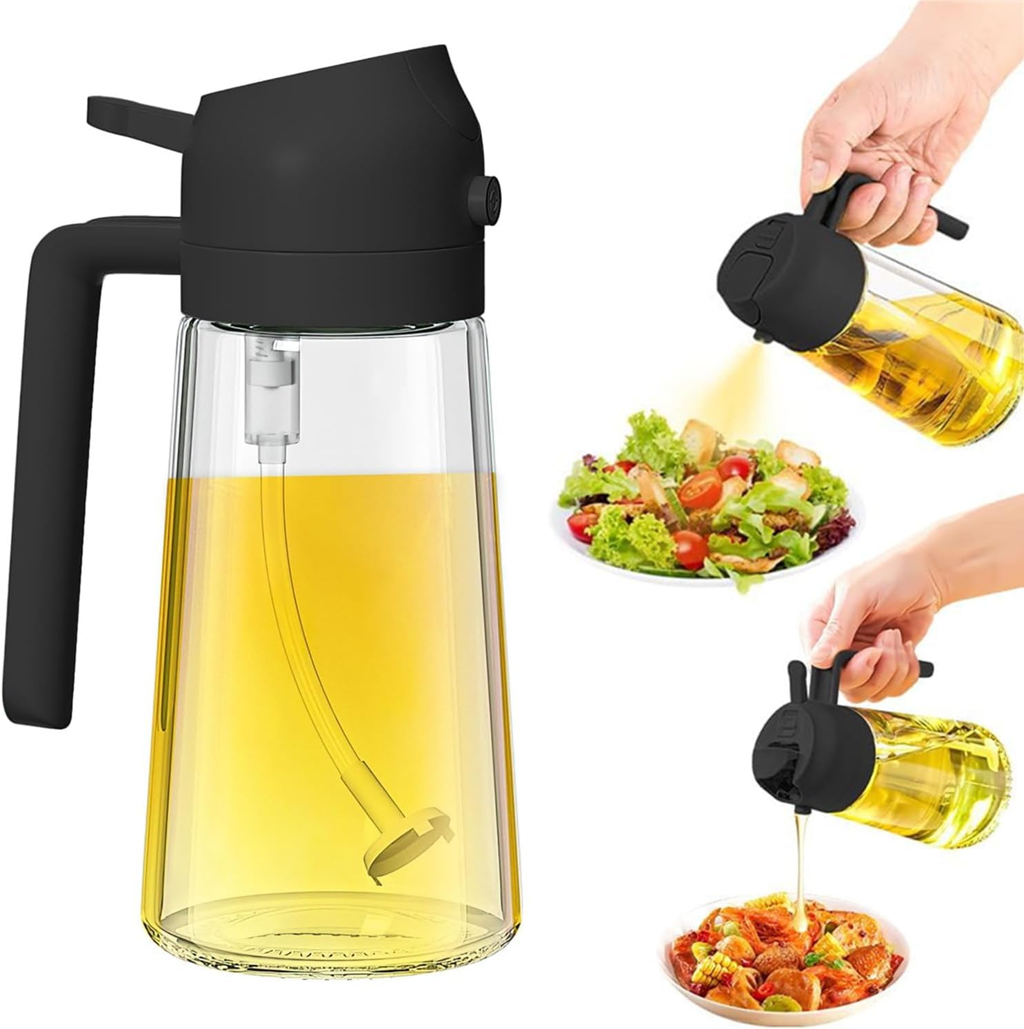 enttgo Oil Dispenser for Cooking,2 in 1 Olive Oil Dispenser Bottle for Kitchen,17oz/500ml Premium Glass Oil Bottle,Food-grade Oil Mister for Air Fryer,Salad,Frying,BBQ (Black)