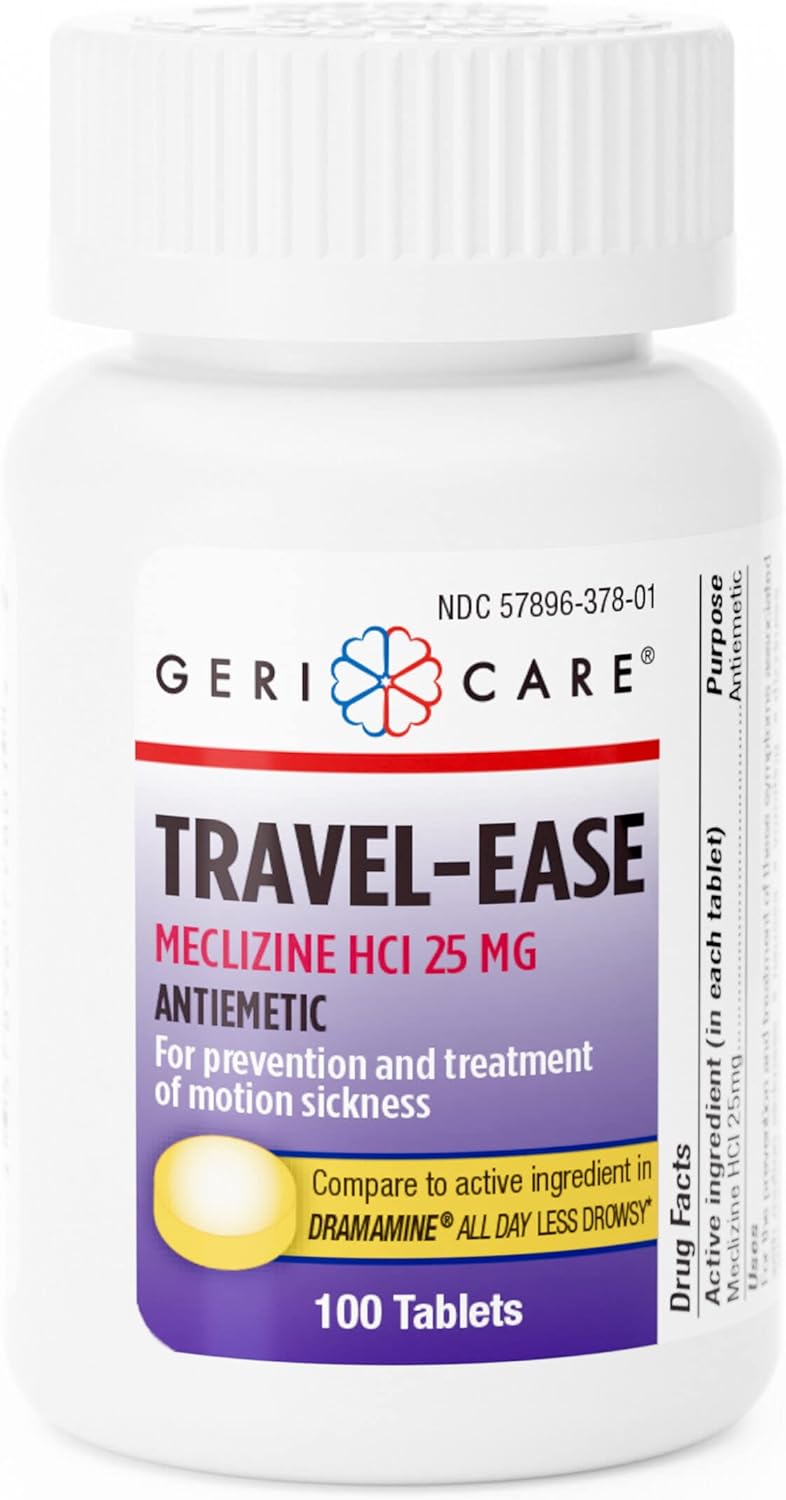 GeriCare Meclizine HCI 25mg Antiemetic Travel-Ease Tablets, Prevents and Treats Motion Sickness, Nausea Relief, 100 Count (Pack of 1)