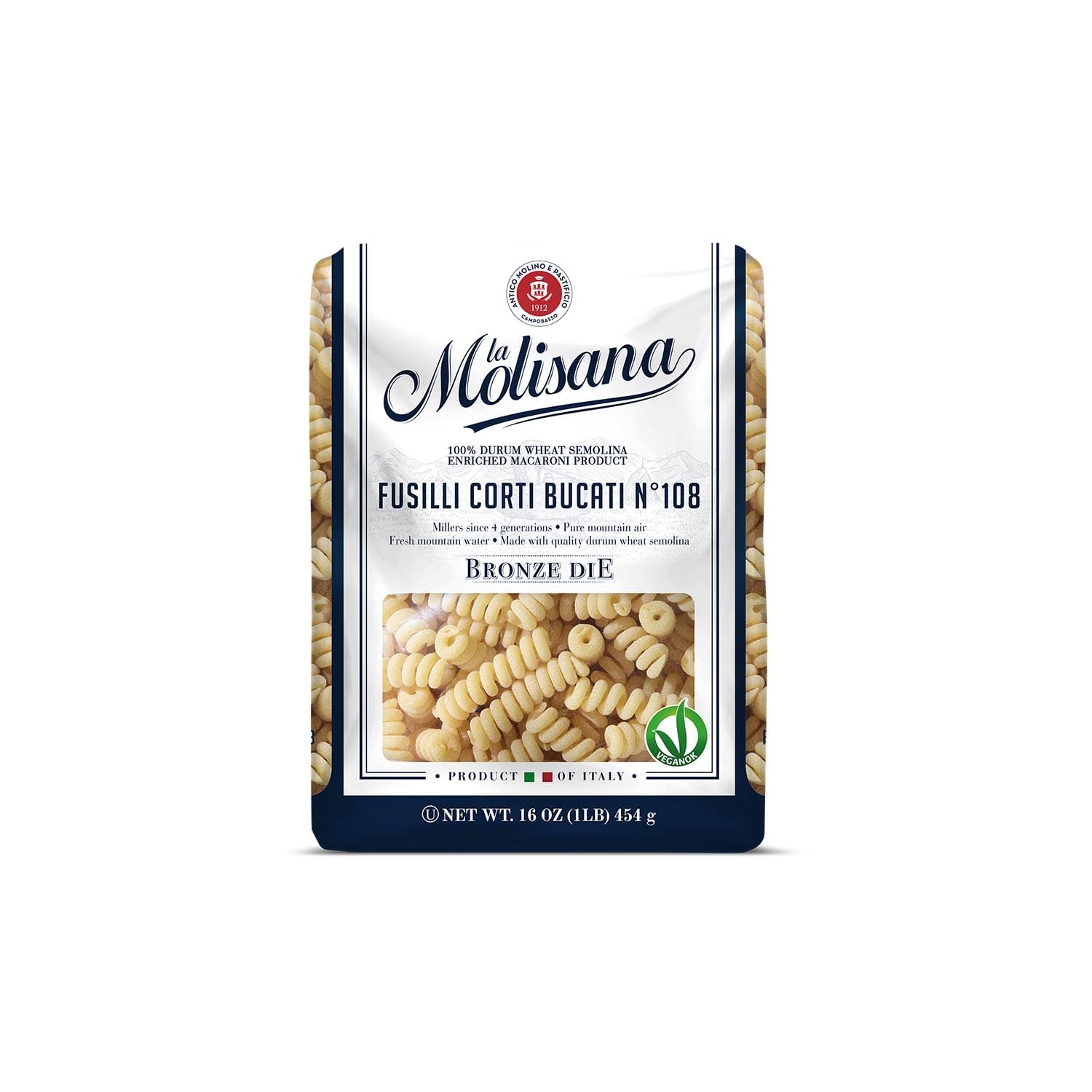 La Molisana Fusilli Corti Bucati N°108 Pasta, 16 oz, Premium Italian Durum Wheat Semolina, High Protein 14%, Bronze Die Cut Spiral Pasta for Superior Sauce Grip, Perfect Al Dente Texture, Ideal for Pasta Salads & Rich Sauces, Made in Italy