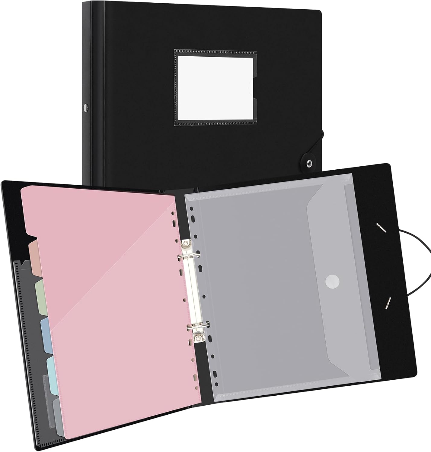 Uquelic A4 Ring Binder Organiser with 6 Punched Slash Pockets (Macaron Colour) and 1 Popper Wallet – Folders for Paperwork A4, Folder Organiser for Home Office – Black