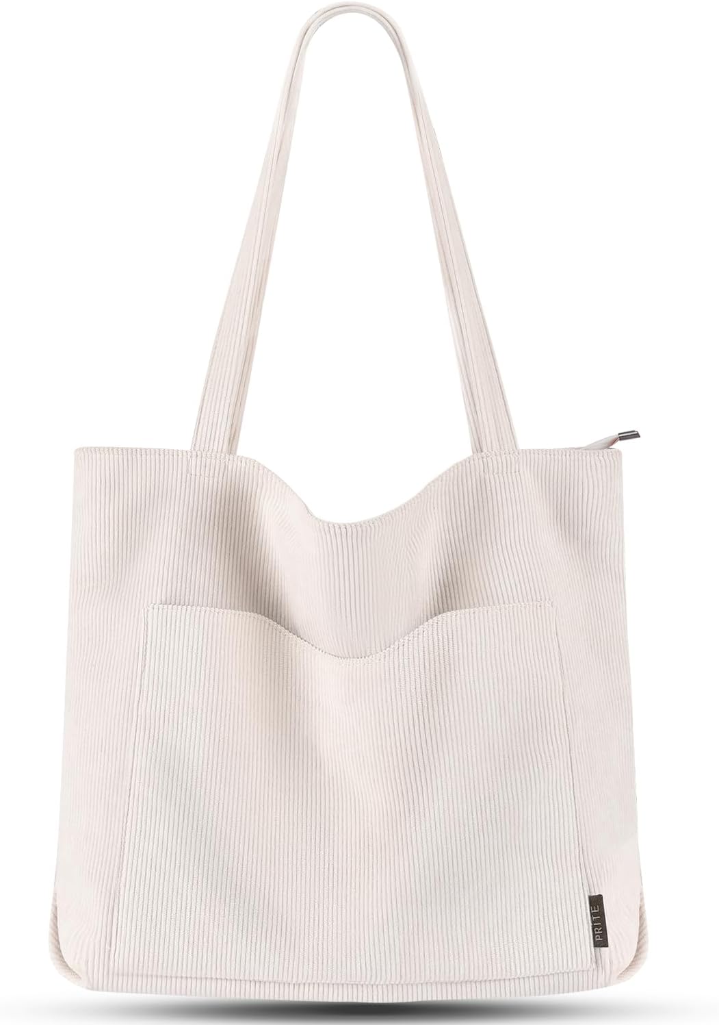 Prite Corduroy Tote Bag for Women Large Shoulder Bag with Zipper and Pockets for College School Work Travel Shopping-Beige