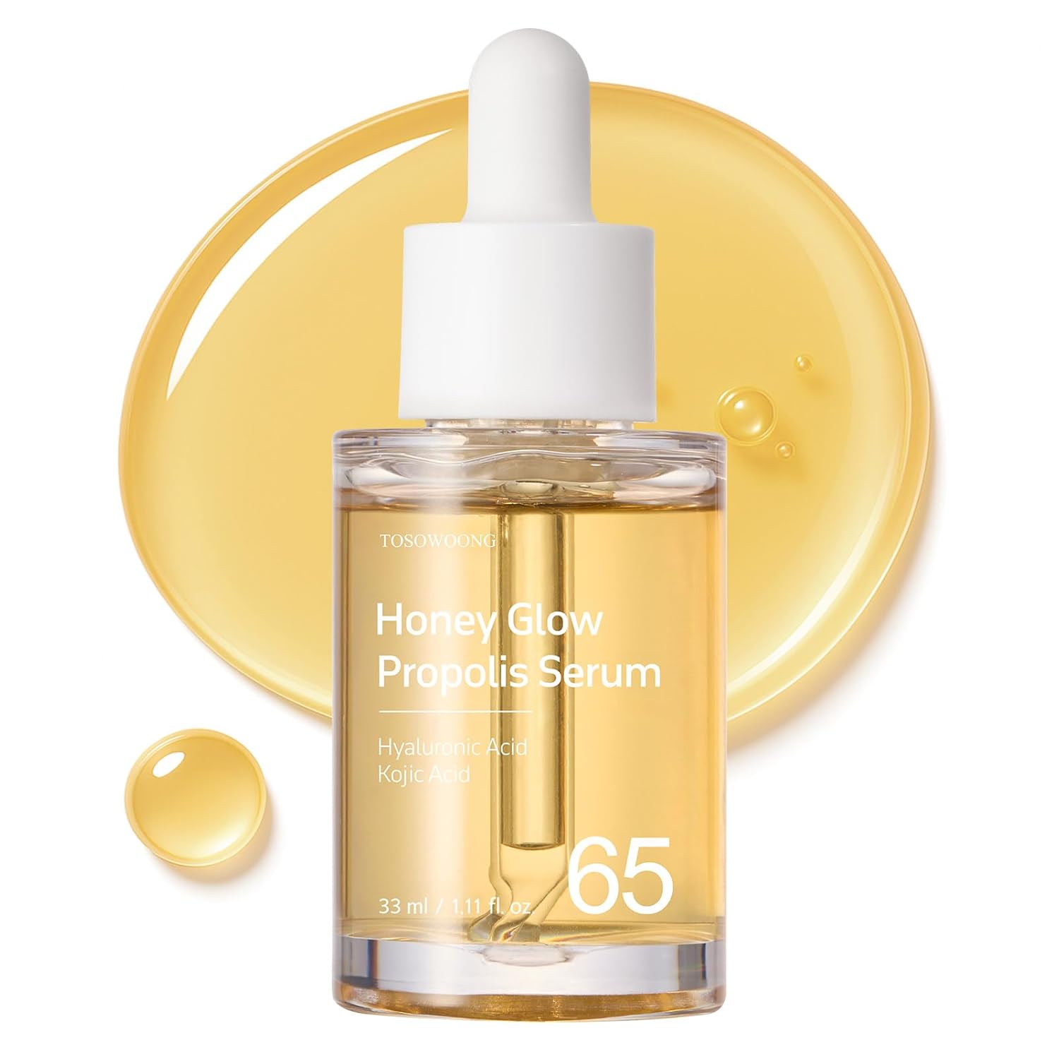 Honey Glow 65% Propolis Serum, Hyaluronic Acid, Kojic Acid, Niacinamide, Hydrating Facial Soothing Moisturizer for Irritated Uneven Skin Tone, Glass Skin, Korean Skin Care, 33ml, 1.11 fl.oz.