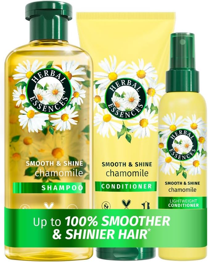 Herbal Essences Smooth & Shine Chamomile Set: Shampoo + Conditioner + Lightweight Leave-in Conditioner Spray All in One | Detangle, Nourish, Tame Frizz, Repair, Add Shine & Lasting Scent