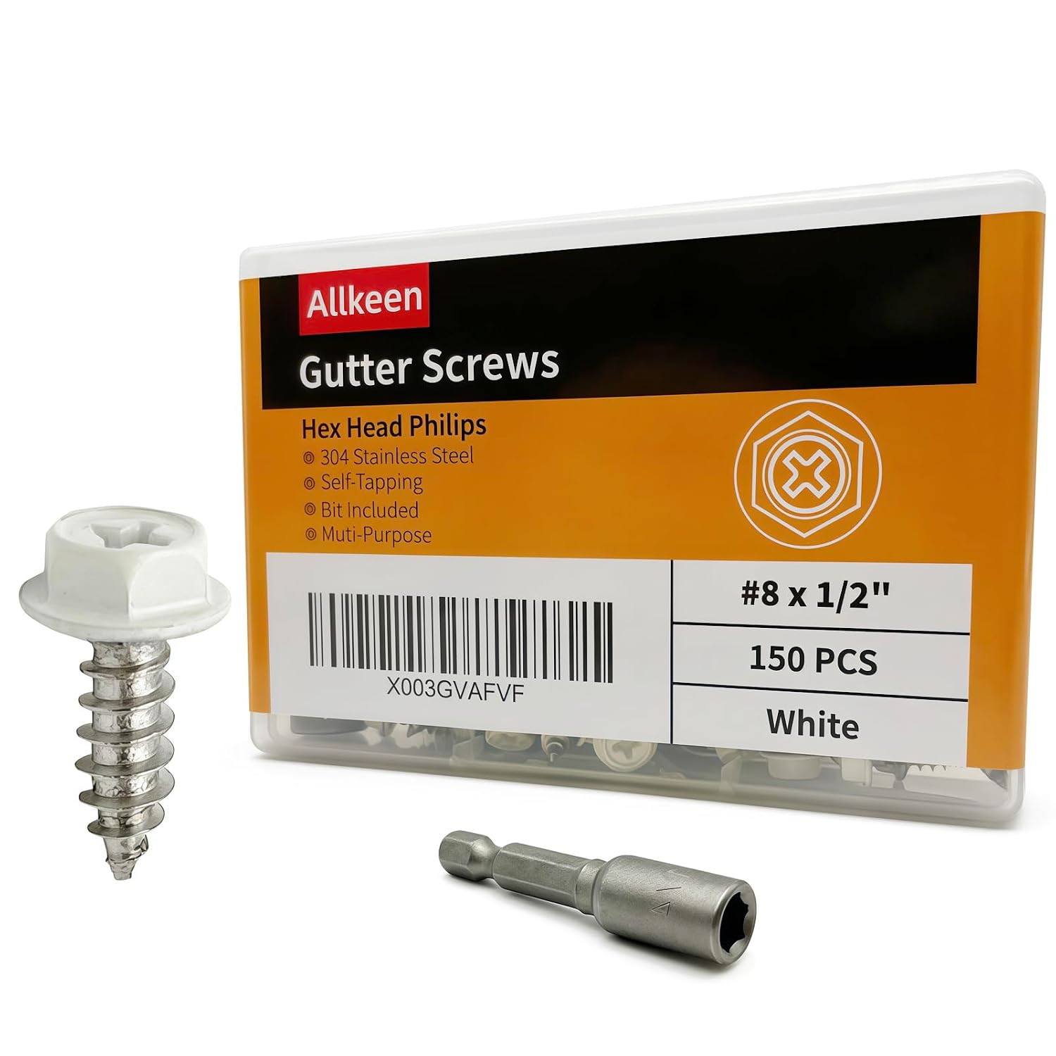 Stainless White Painted Hex Head Self-Tapping Gutter Screws #8 x 1/2", 150 Pieces