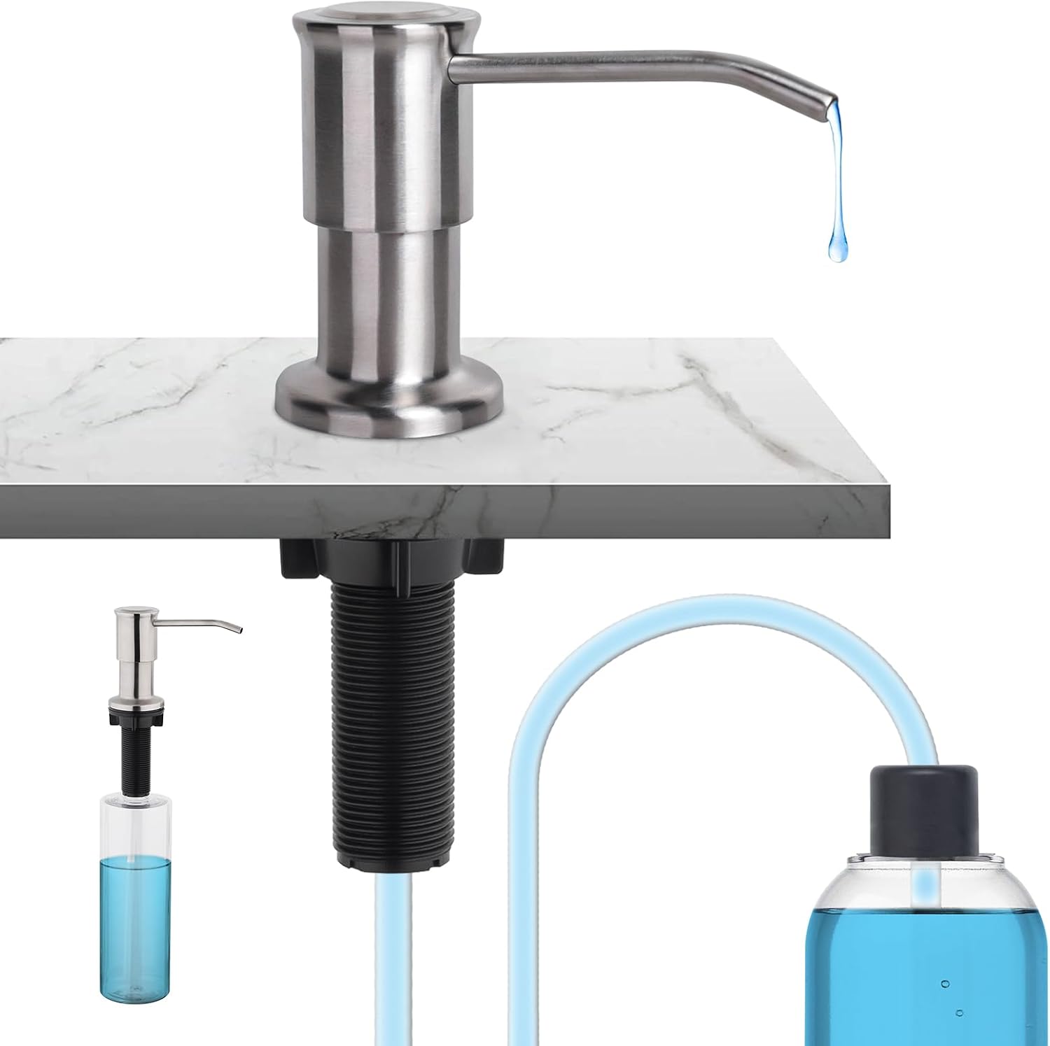 Ibergrif M34040A Kitchen Sink Soap Dispenser Built in, Replacement Sink Dispenser Pump with 500ML Bottle and 100CM Extension Tube Kit, Stainless Steel