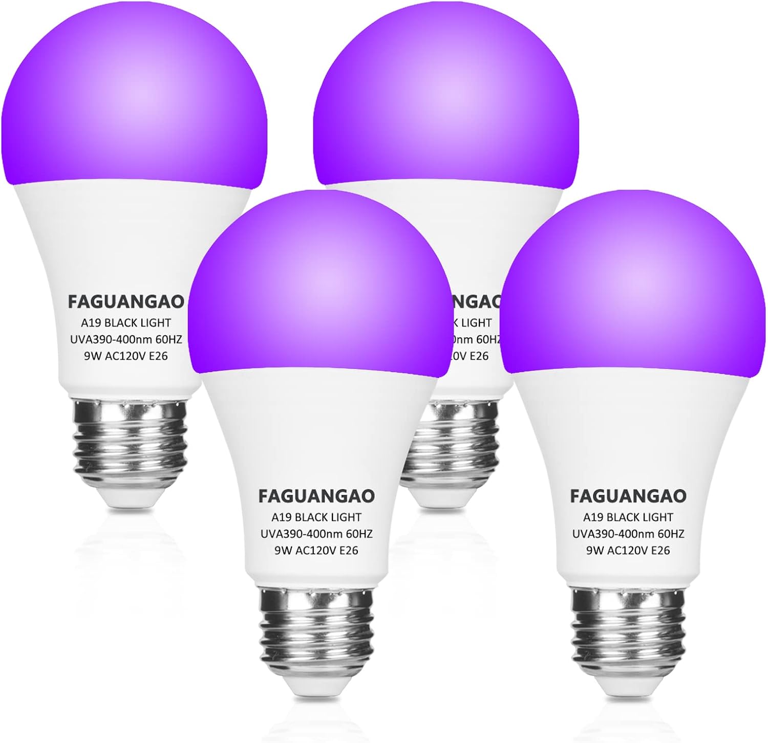FAGUANGAO LED Black Light Bulb,9W(75Watt Equivalent) A19 UV Blacklight Bulb,120V,UVA Level 390-400nm,E26 Medium Base,Glow in The Dark for Blacklight Party,Fluorescent Poster,Neon Glow,4 Pack