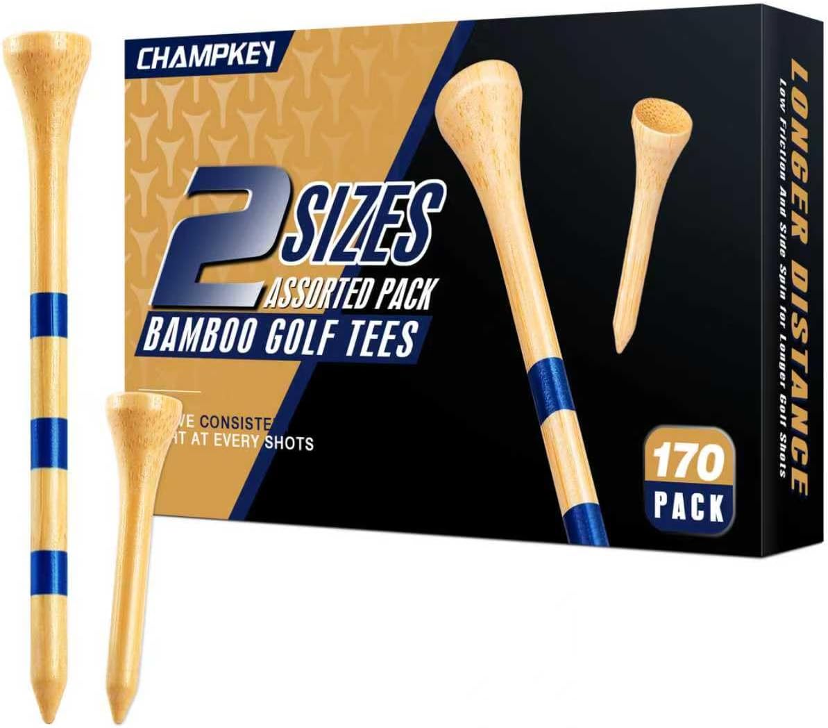 CHAMPKEY Premium Bamboo Golf Tees 170 Pack - 120 Pcs Long Tees with 50 Pcs Short Tees Assorted Pack - Friendly Biodegradable Material Golf Tee