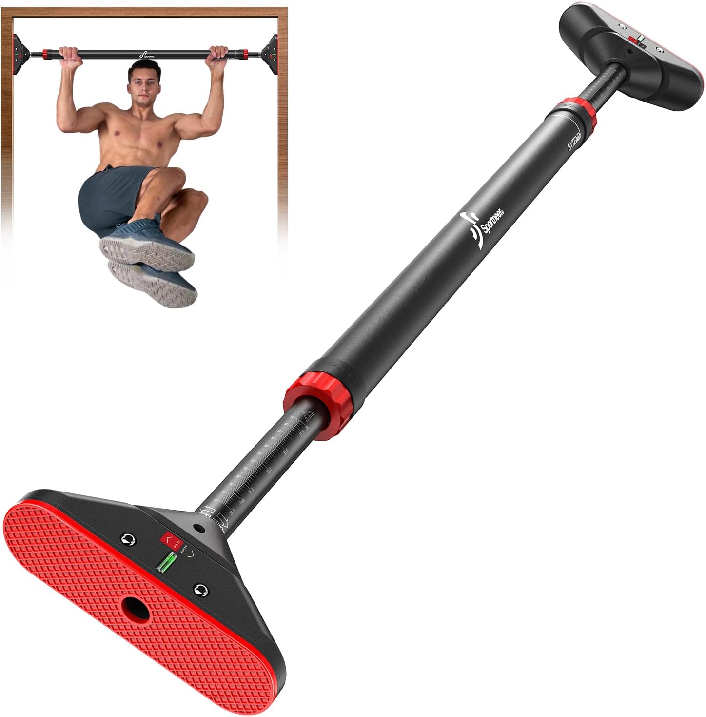 Pull Up Bar for Doorway: Sportneer Strength Training Pull-up Bars without Screw - Adjustable Width Locking Mechanism Chin Up Bar, Thickened Steel Max Limit 440 lbs Upper Body Fitness Pullup Bars for Home (Black-Red)