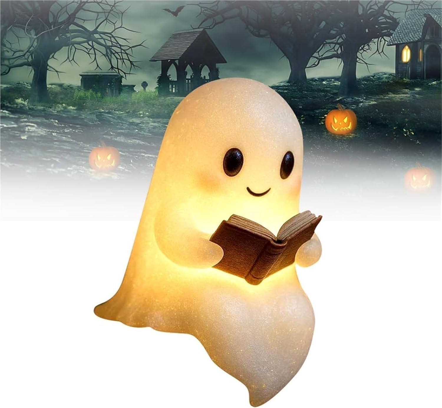 Cute Ghost Reading Book Lamp,3D Resin Halloween Ghost Night Light,Ghost Warm Lighted Indoor Figurine Lamps for Party Bedroom Study Room Funny Indoor 3D LED Nightlight Figurine (A-6 inch)